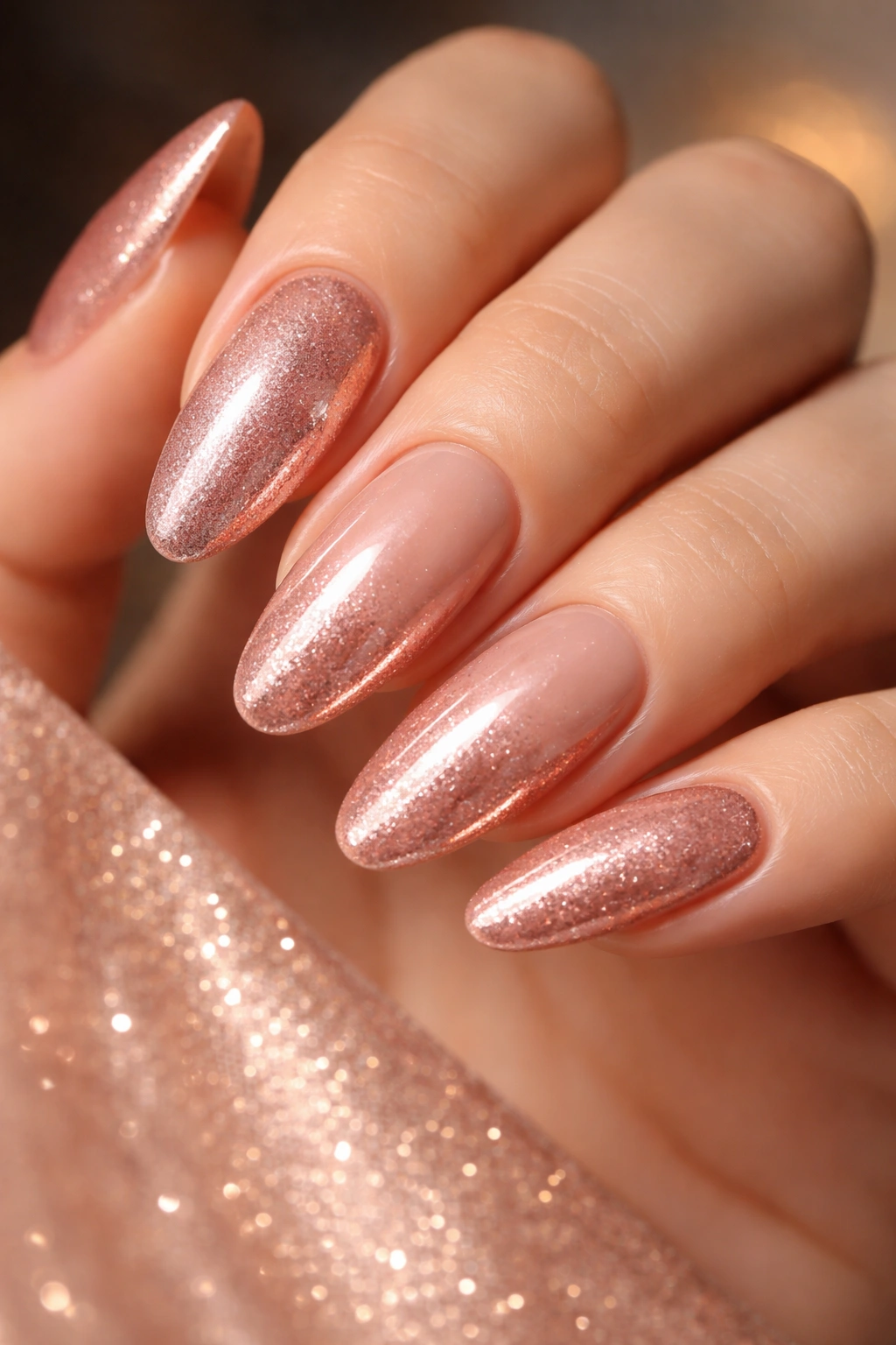 Long oval nails with rose gold shimmer on a nude base