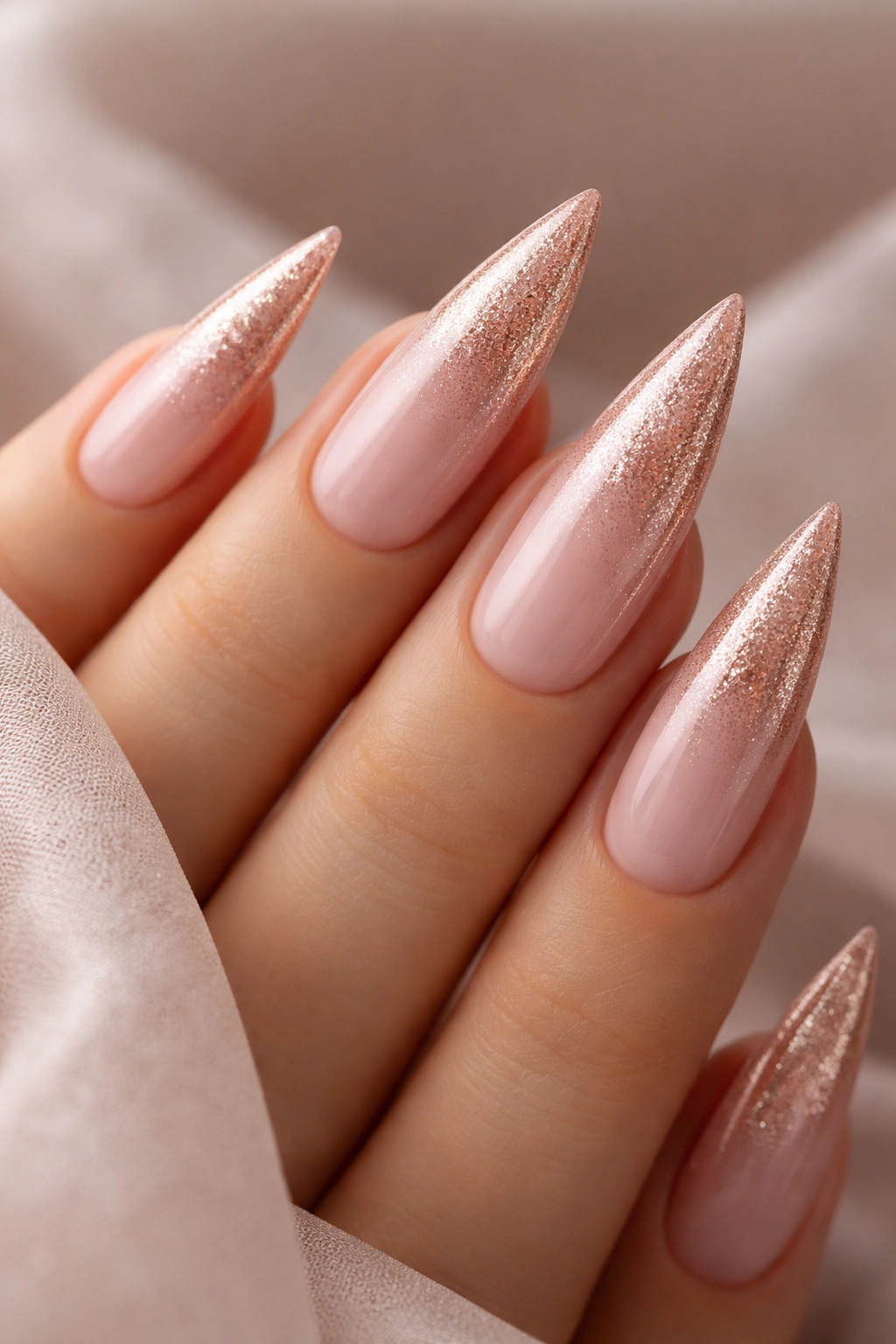 Close-up of blush pink stiletto nails with rose gold shimmer.