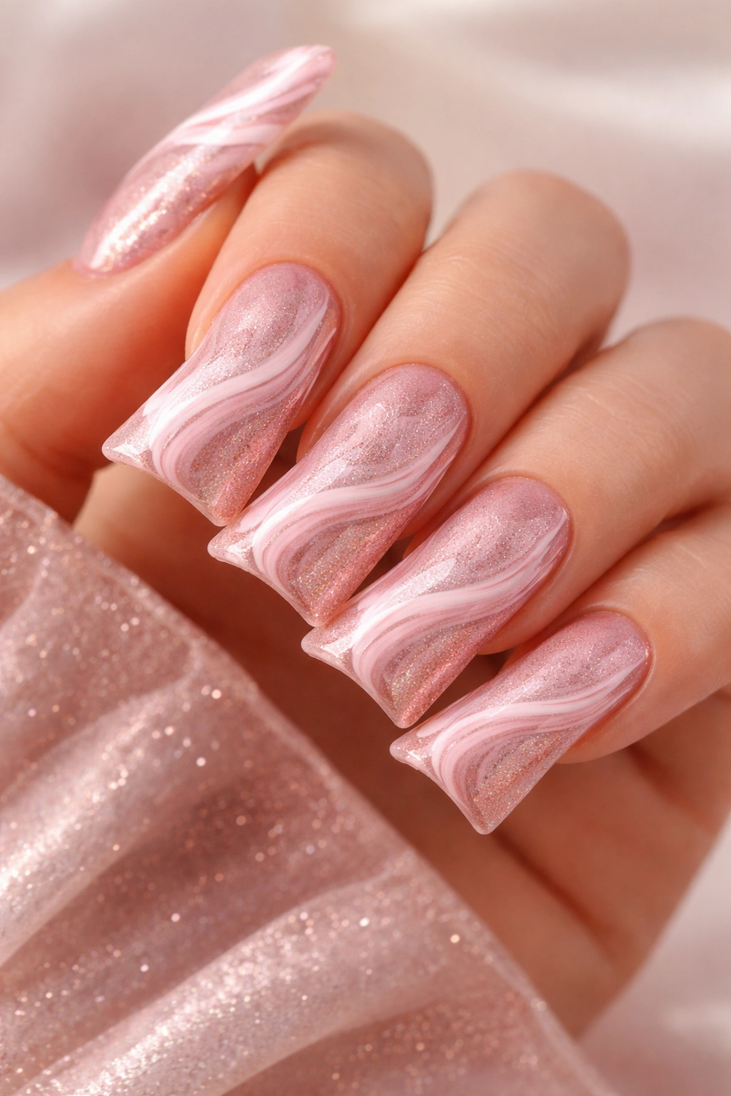 Duck nails with rose gold shimmer and pink marble swirls