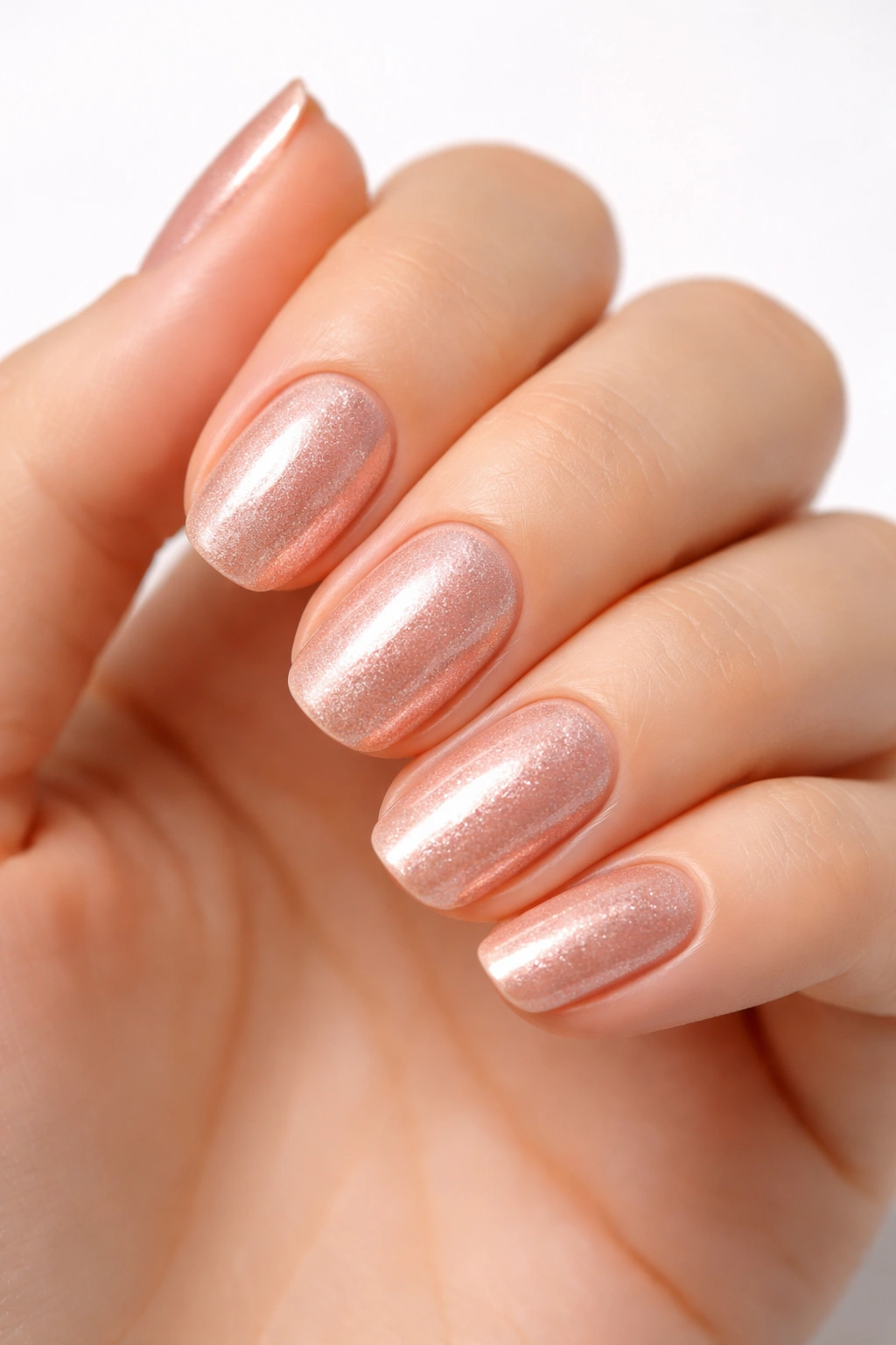 Close-up of hand nails with soft rose gold shimmer
