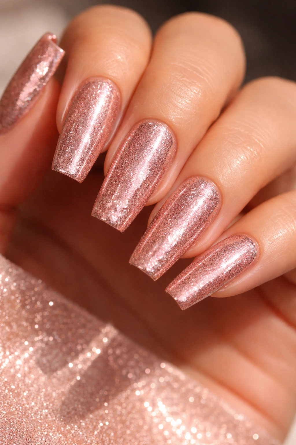 Rose gold shimmer coffin nails with glossy finish