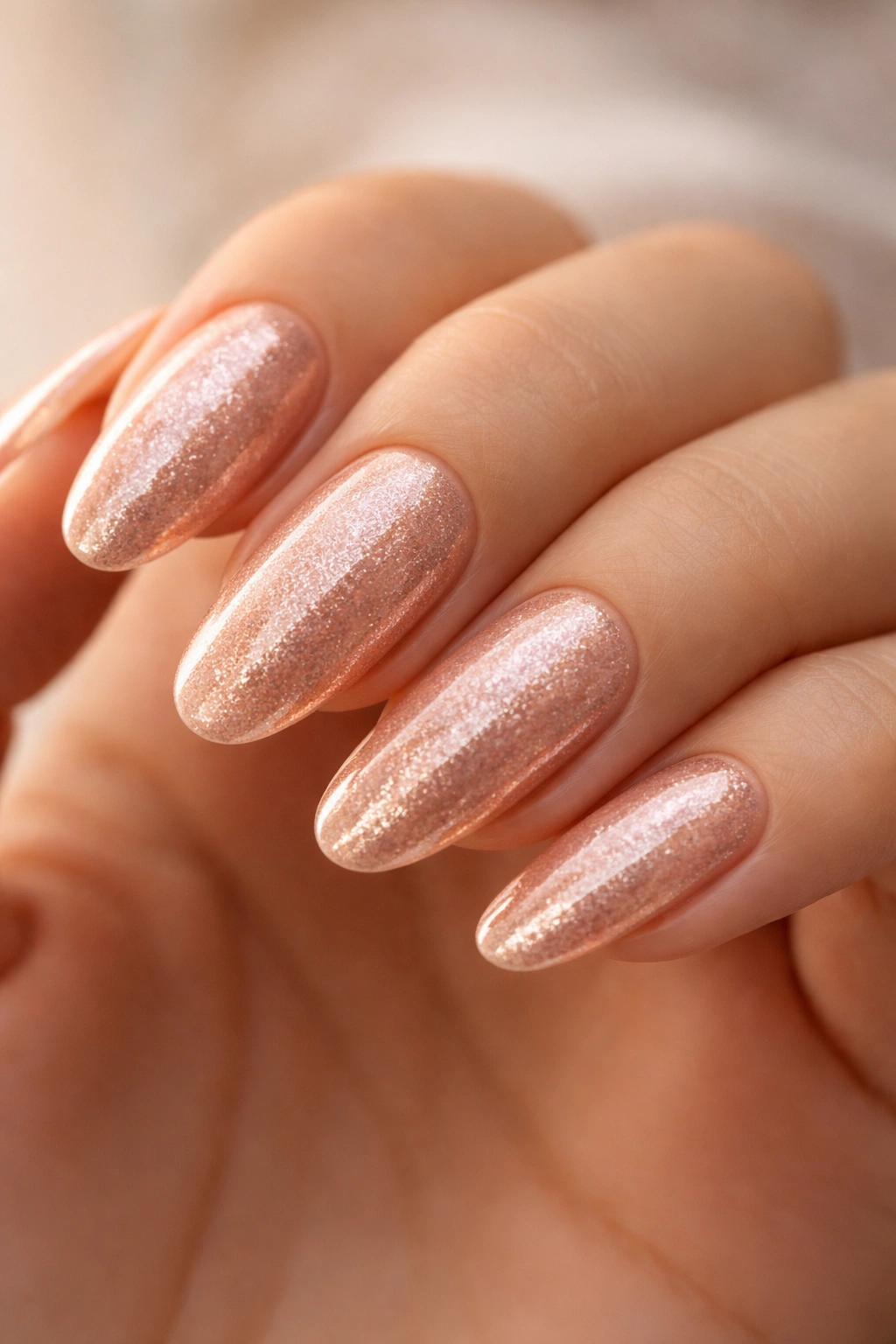 Close-up of rose gold shimmer long oval nails with soft glow