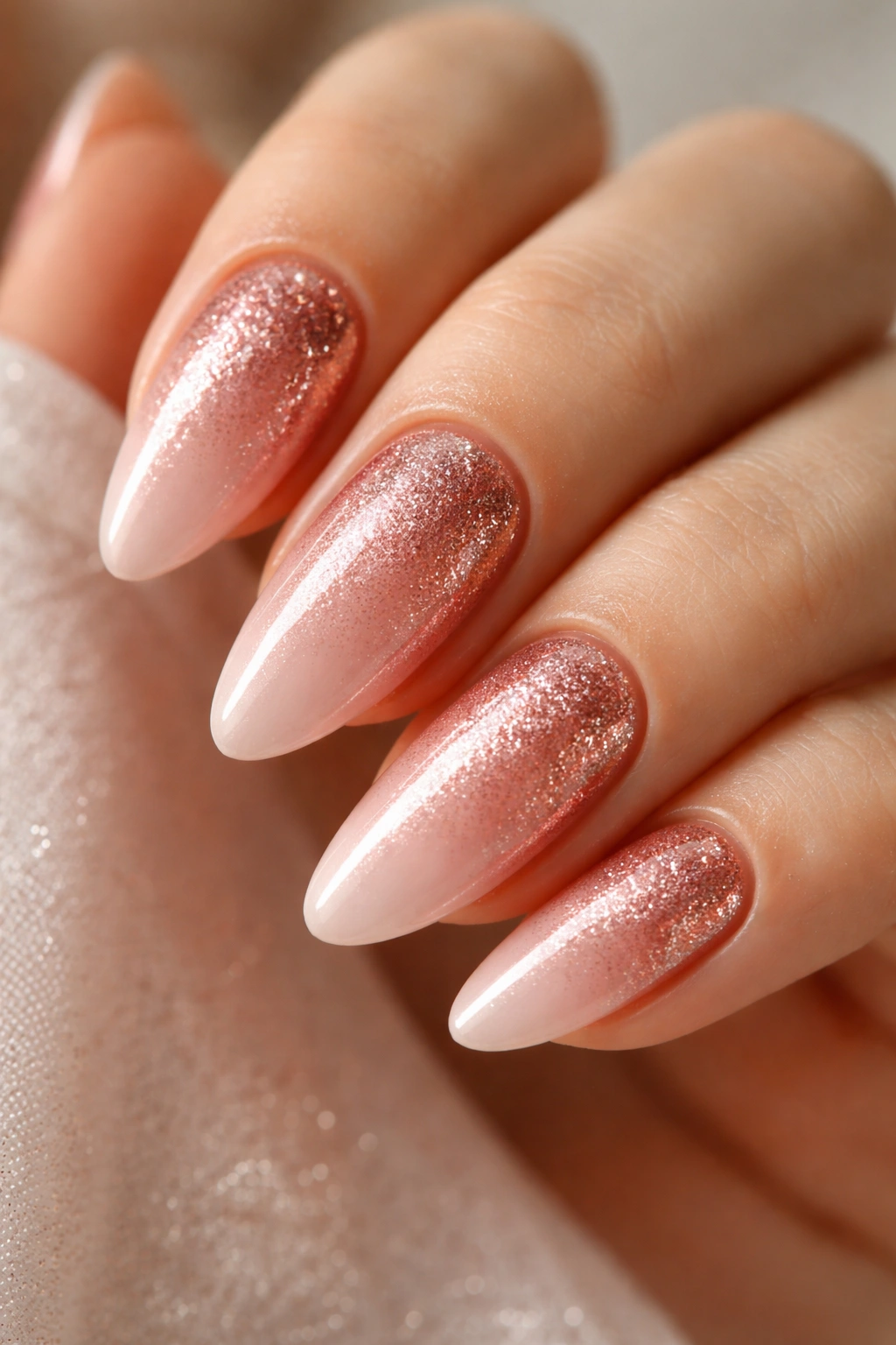 Almond nails with rose gold shimmer ombre