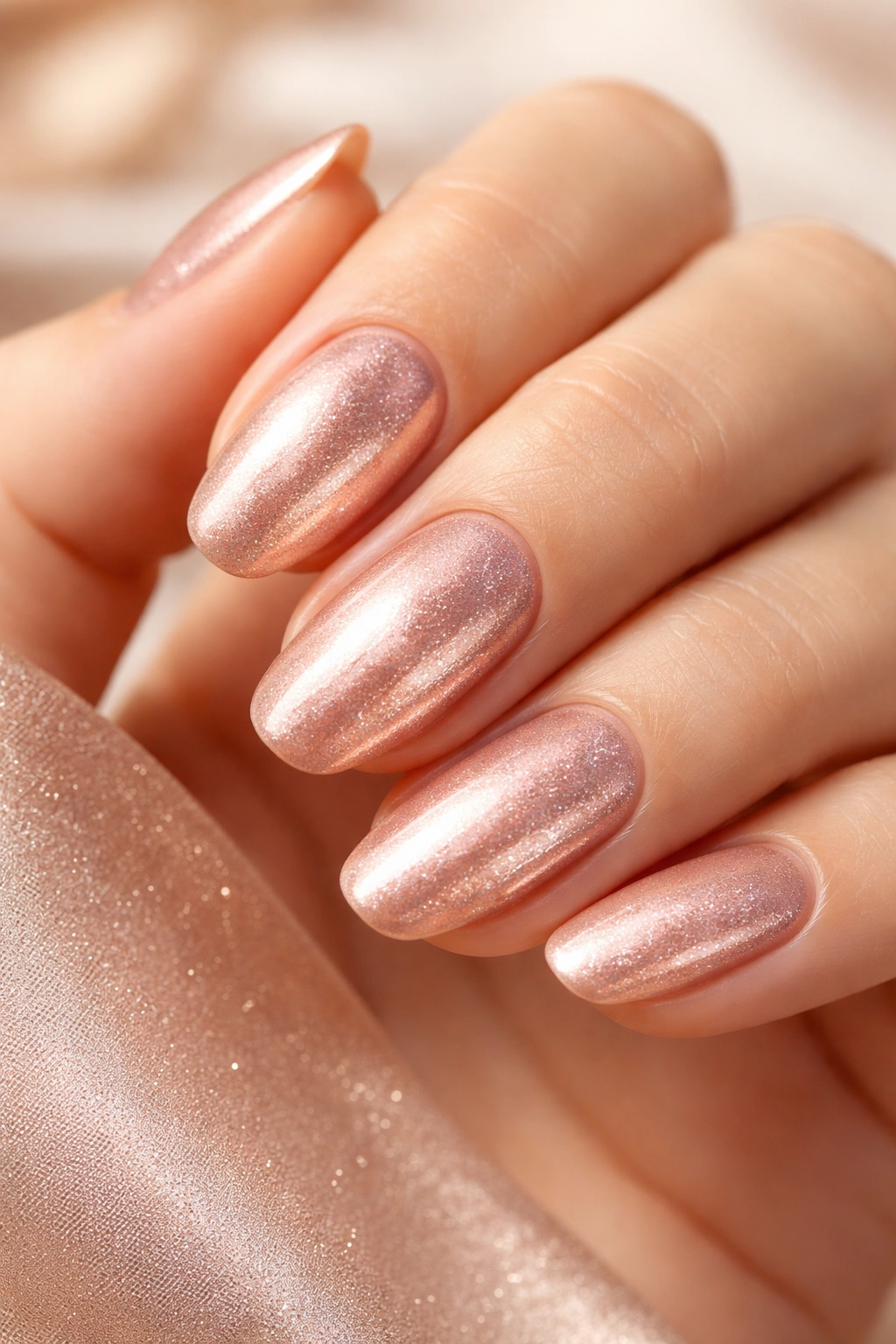 Nails with rose gold shimmer manicure close-up