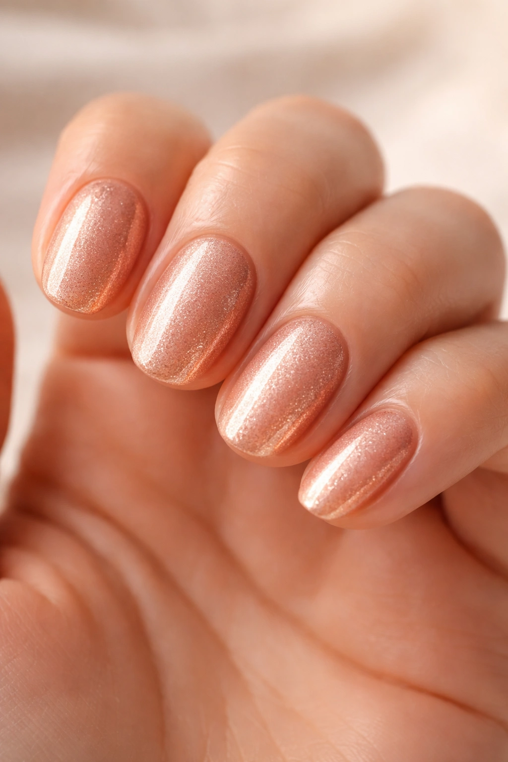 Close-up of short oval nails with rose gold shimmer polish