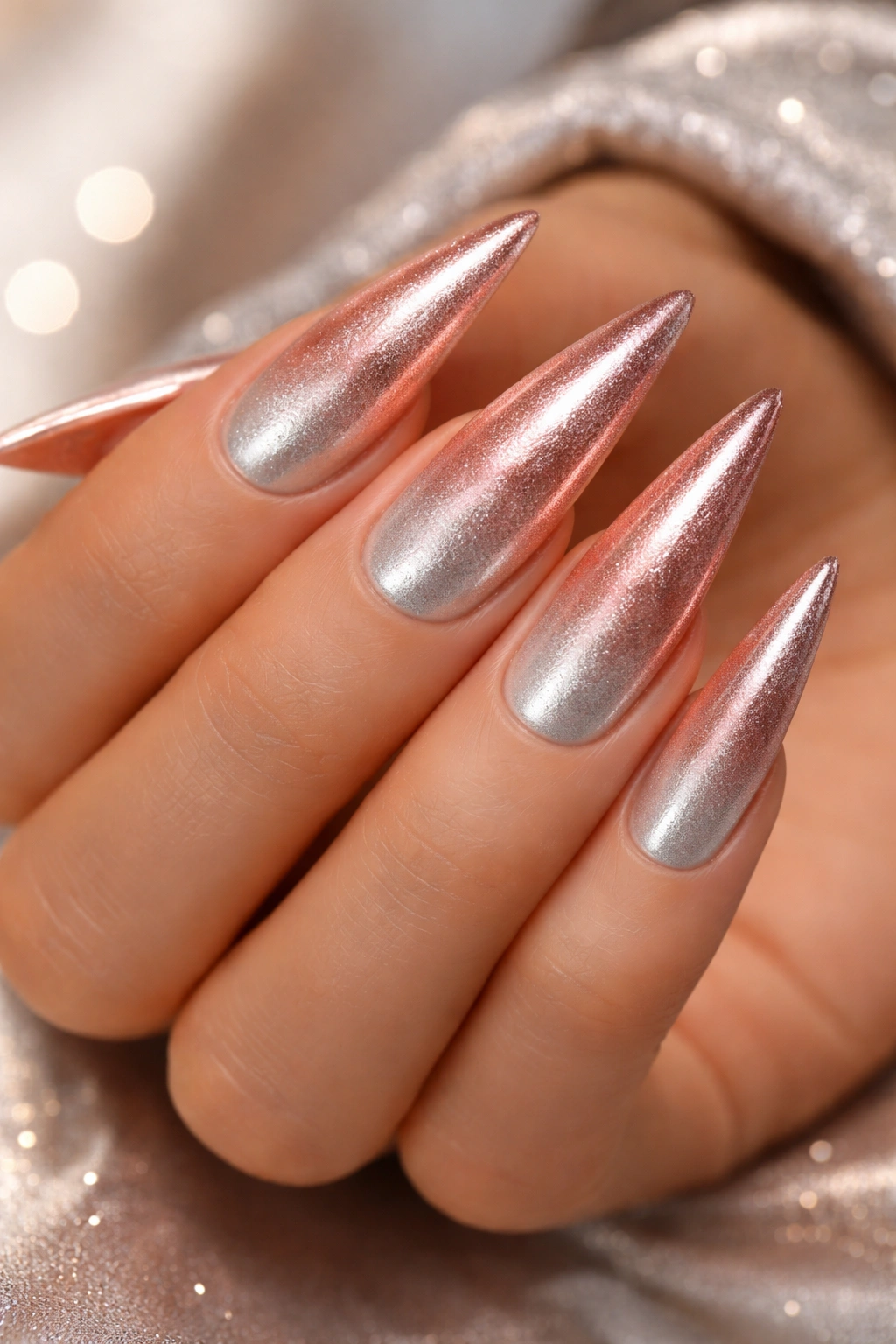 Rose gold and silver ombre stiletto nails