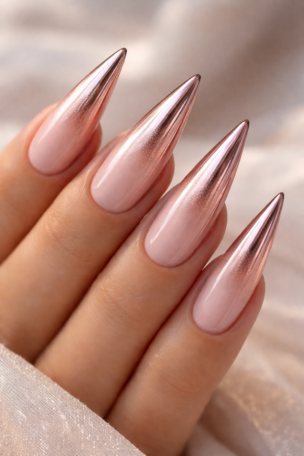 Close-up of rose gold ombre stiletto nails with pink base and metallic tips.