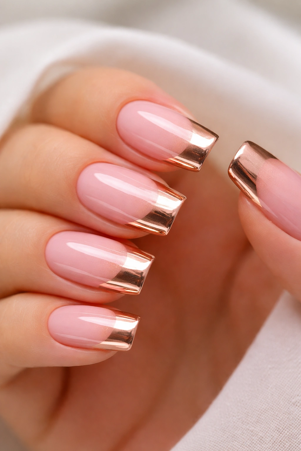 Close-up of nails with rose gold chrome tips over a pink gradient base