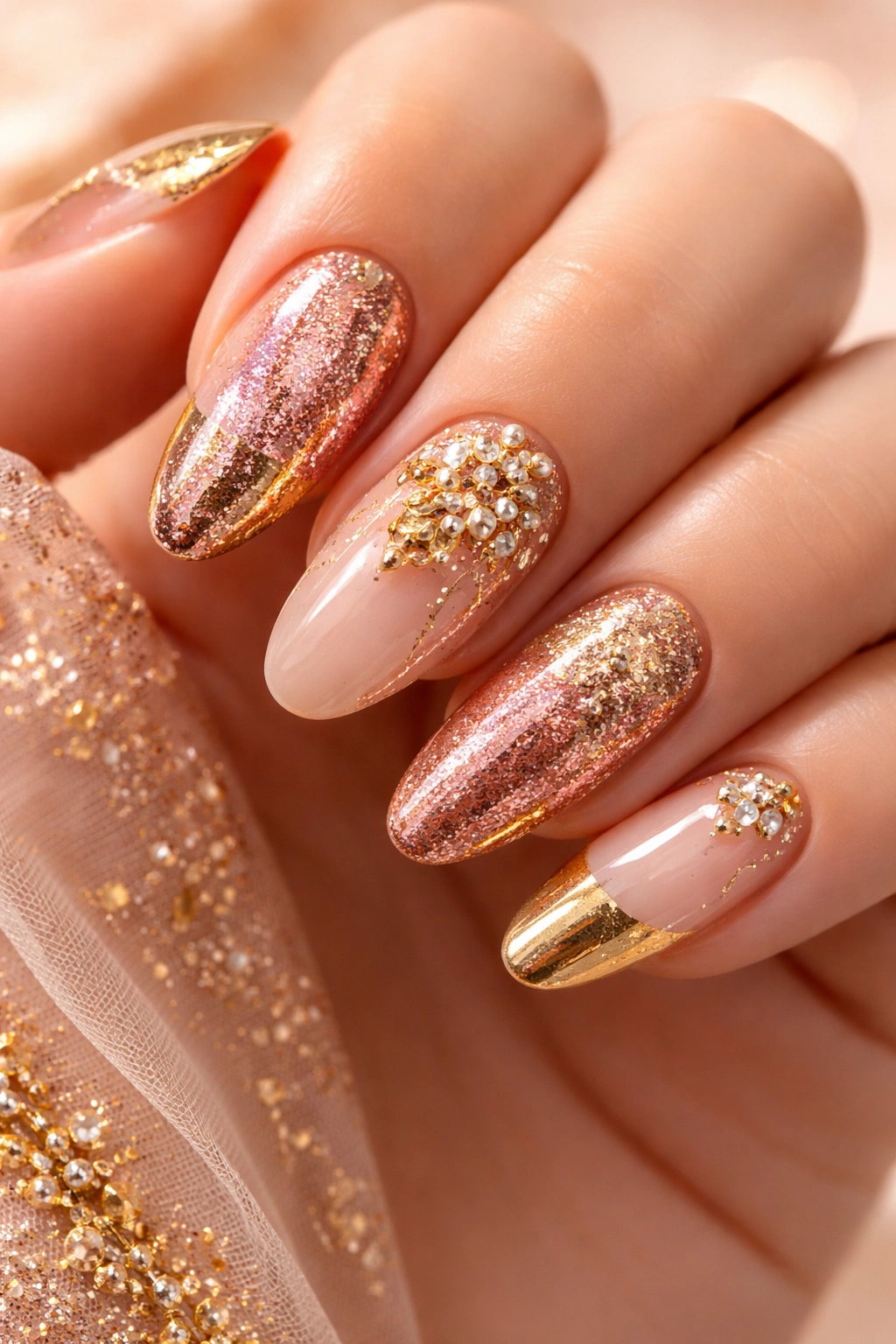 Close-up of nails with rose gold and traditional gold mix