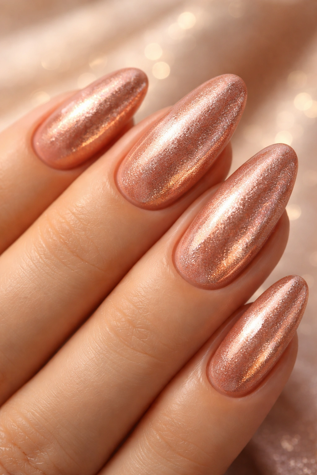 Close-up of rose gold velvet nails with coppery shimmer