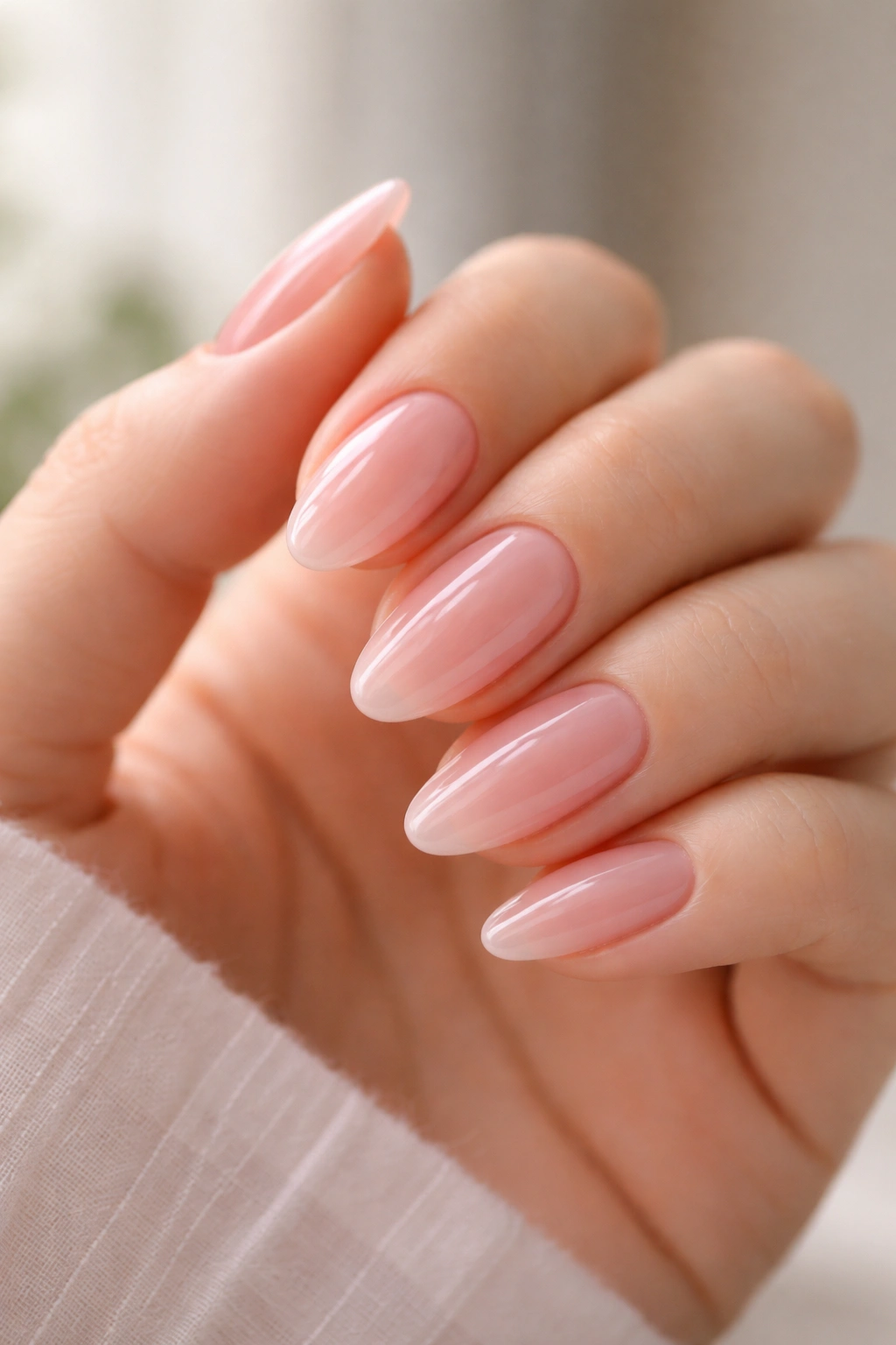 Close-up of rose jelly almond nails showing translucent finish
