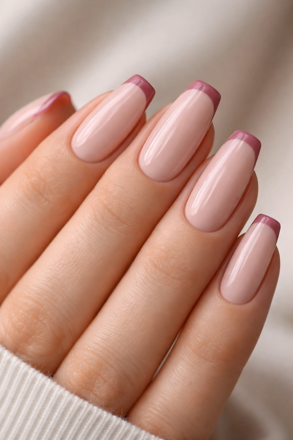Close-up of rose mauve micro French tips on nude base nails