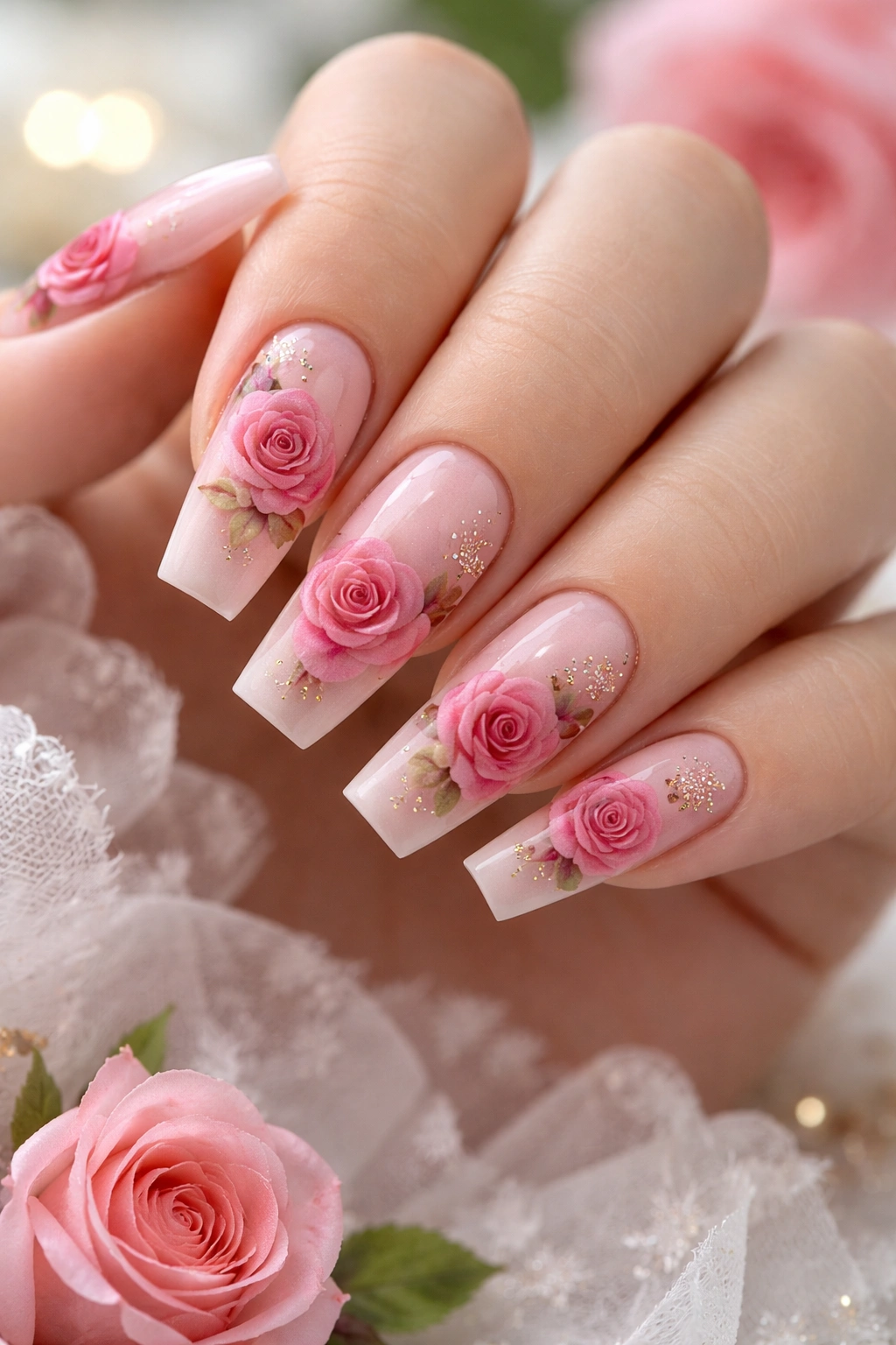 Close-up of coffin nails with gradient rose designs on a neutral base