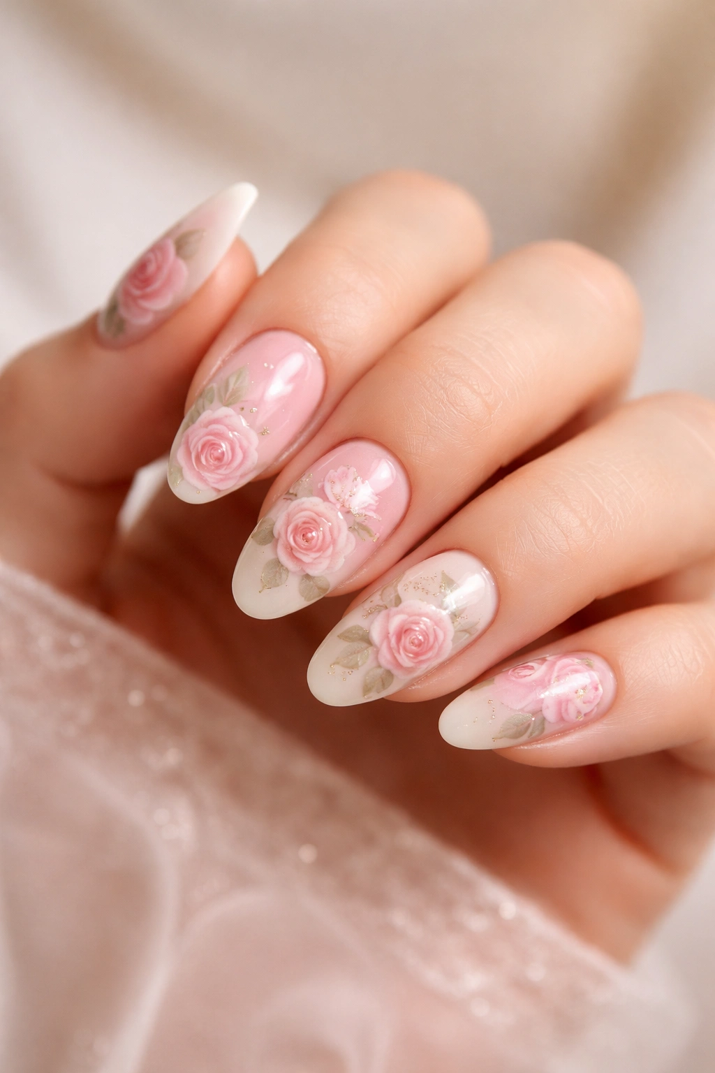 Close-up of a hand with rose nail designs in soft pastel pink and ivory, featuring rose motifs