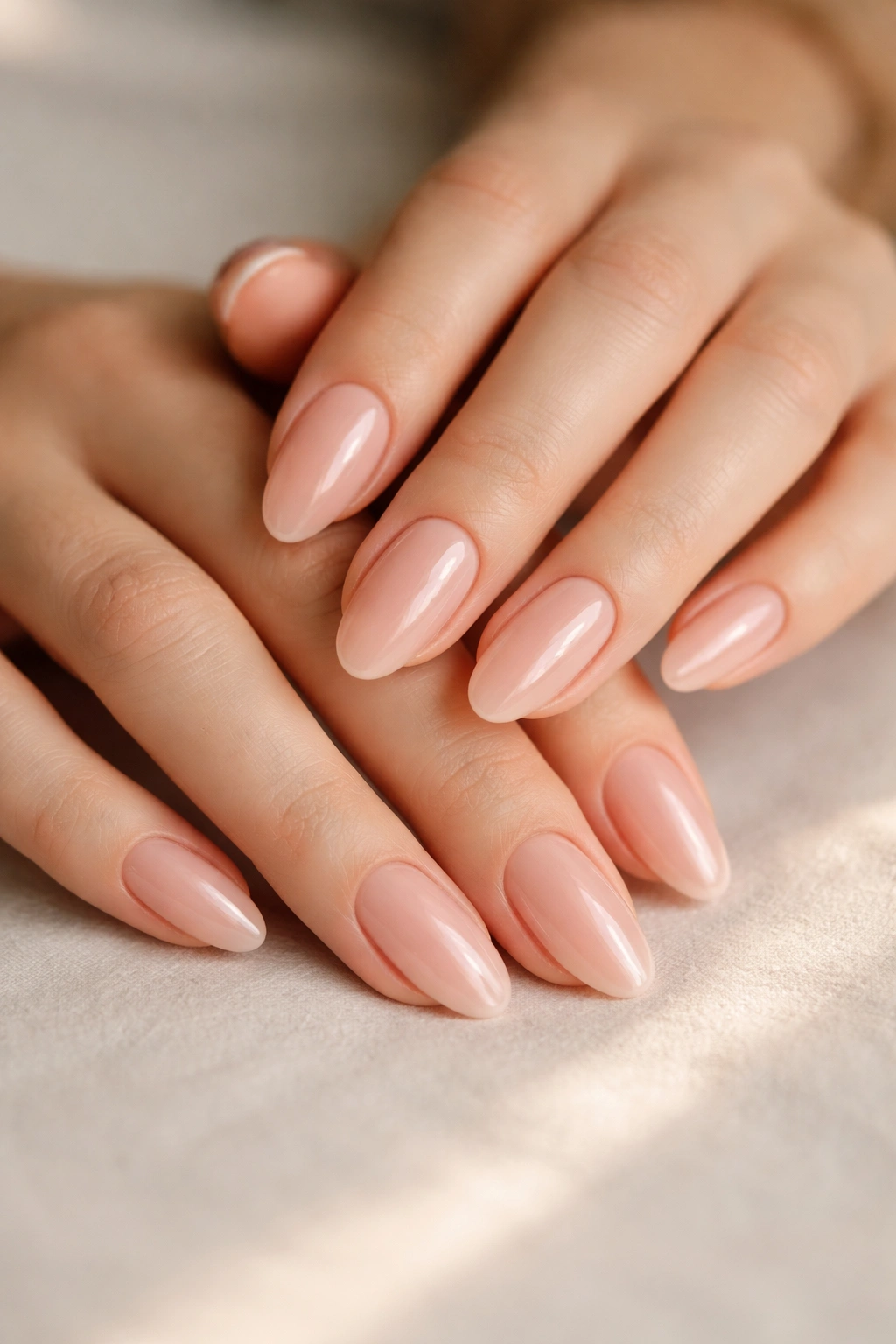 Close-up of rose nude oval nails with natural glow in daylight