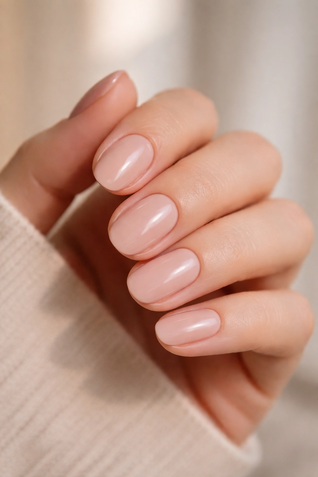 Close-up of short oval nails in creamy rose nude with warm pink-beige tone.