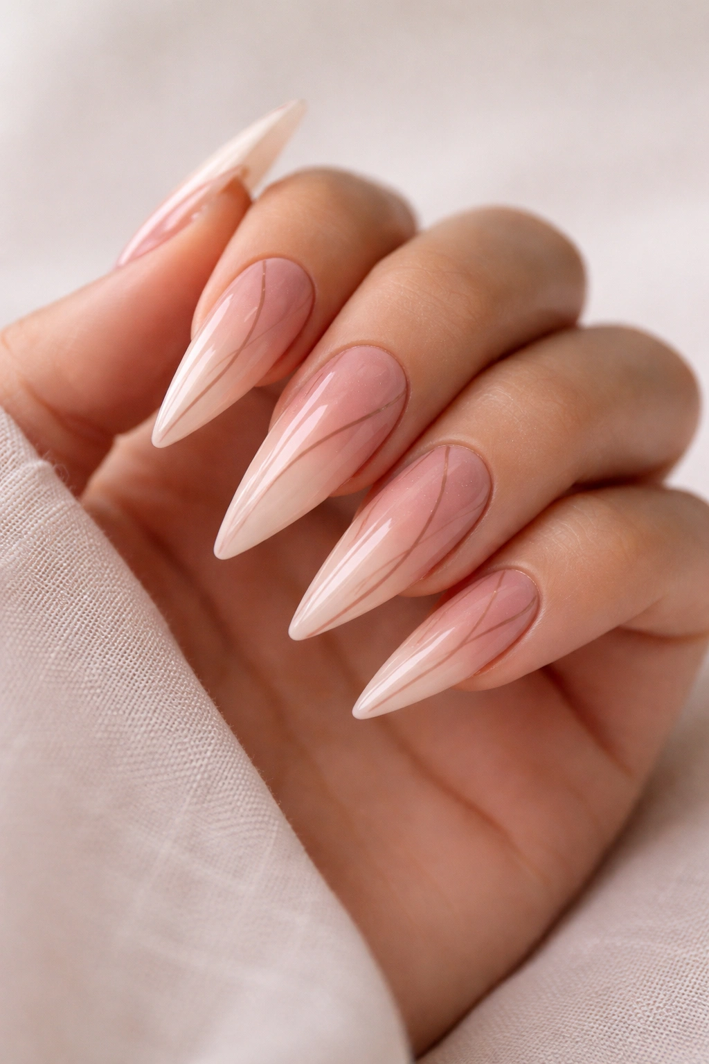 Close-up of rose-nude ombre stiletto nails with minimalist rose-brown lines