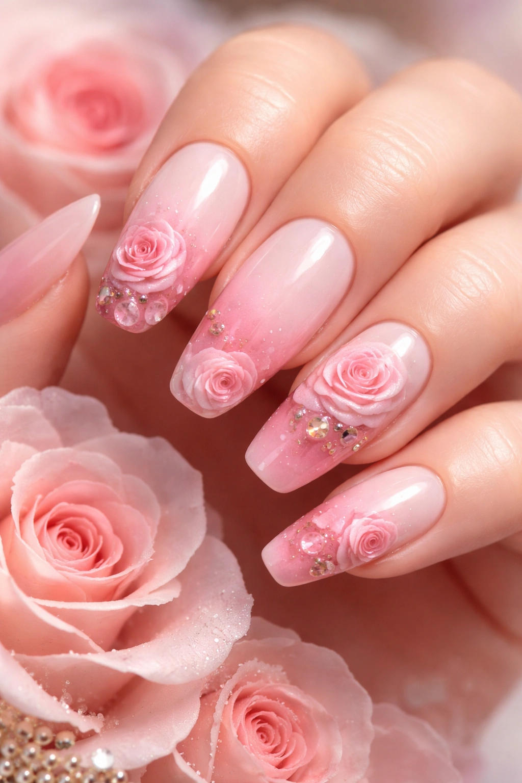 Nails with pale blush to rose ombre and hand-painted roses