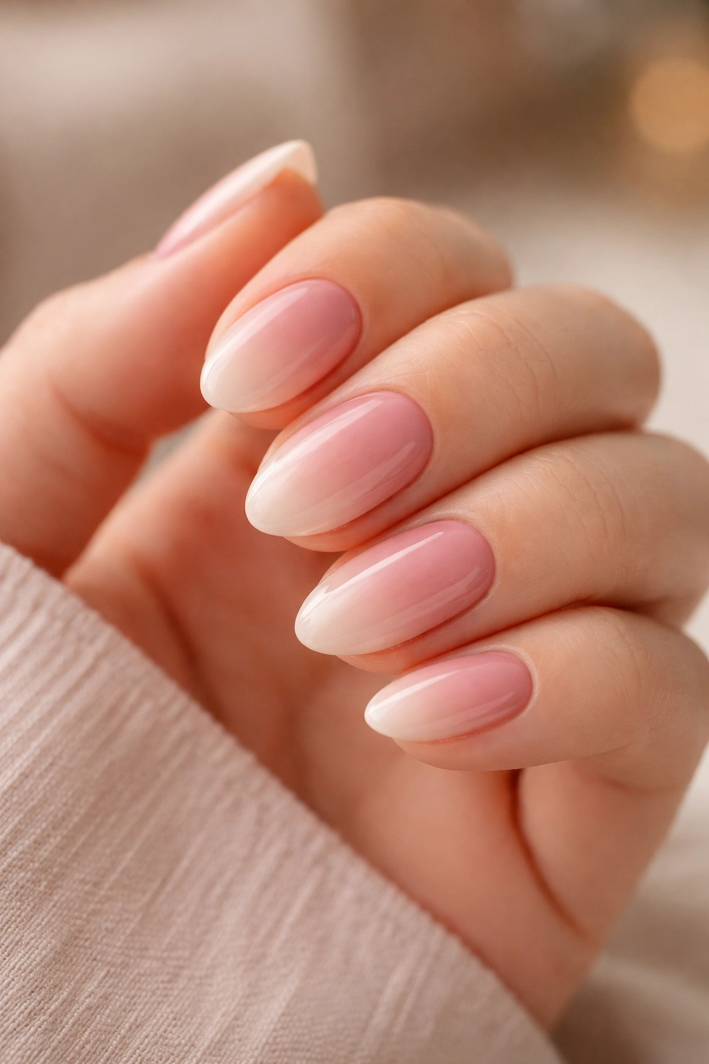 Close-up of short almond nails with rose ombre transitioning from rose-pink to a soft nude tip