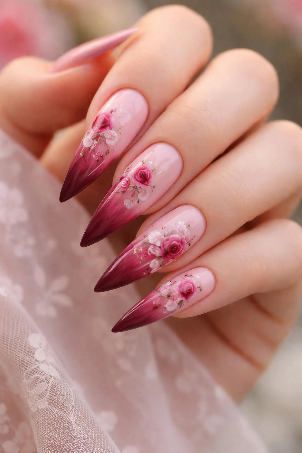 Stiletto nails with blush-to-burgundy ombre and tiny roses across the gradient