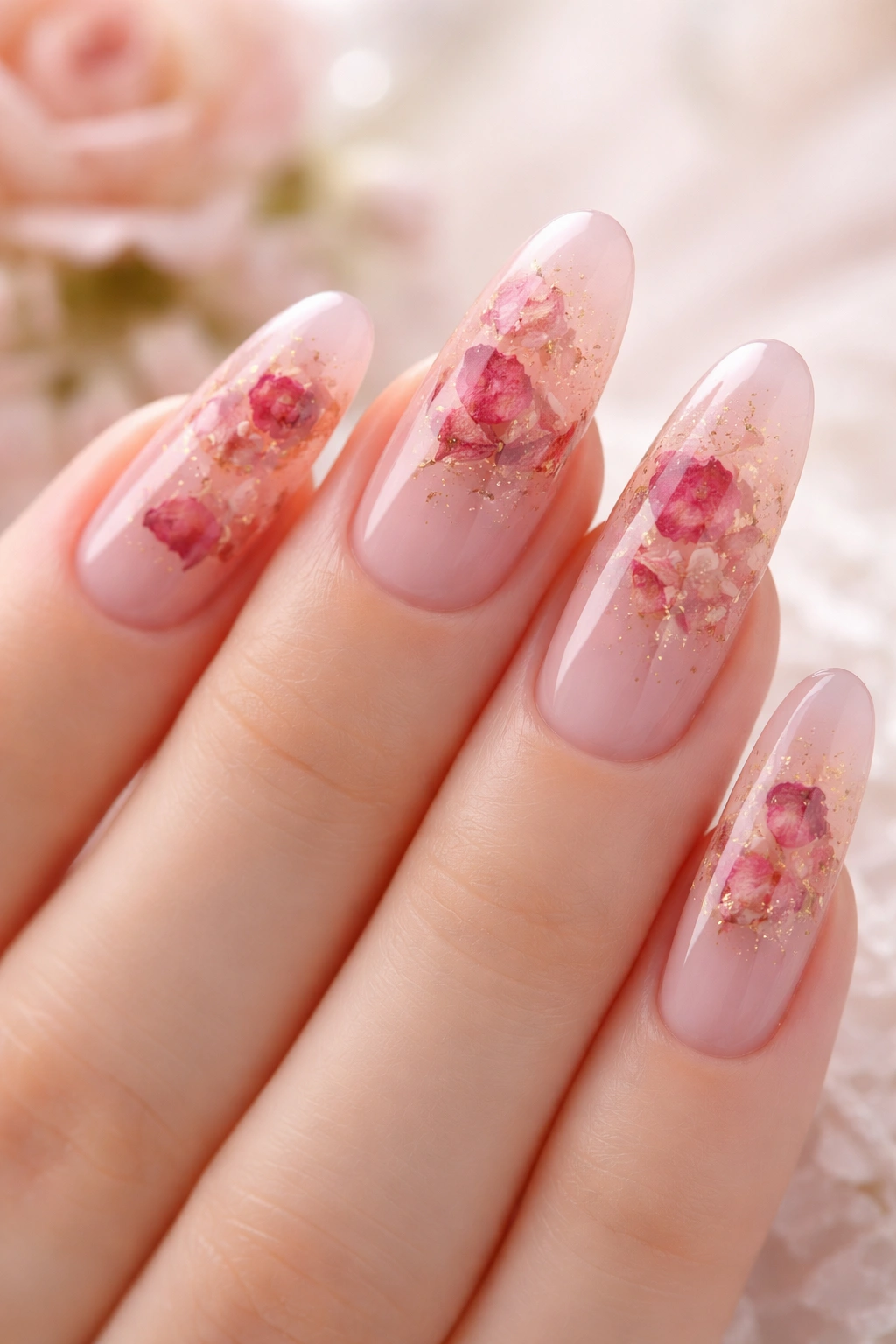 Blush pink nails with encapsulated rose petals inside translucent acrylic