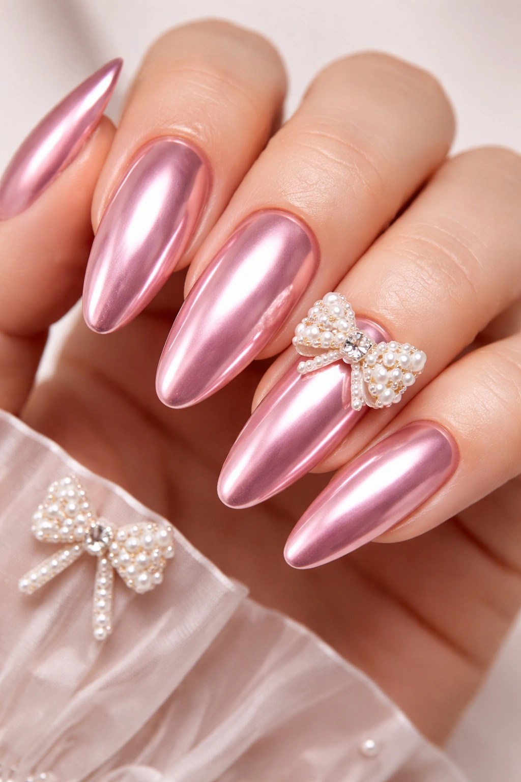 Close-up of rose pink chrome nails with pearl bow accents