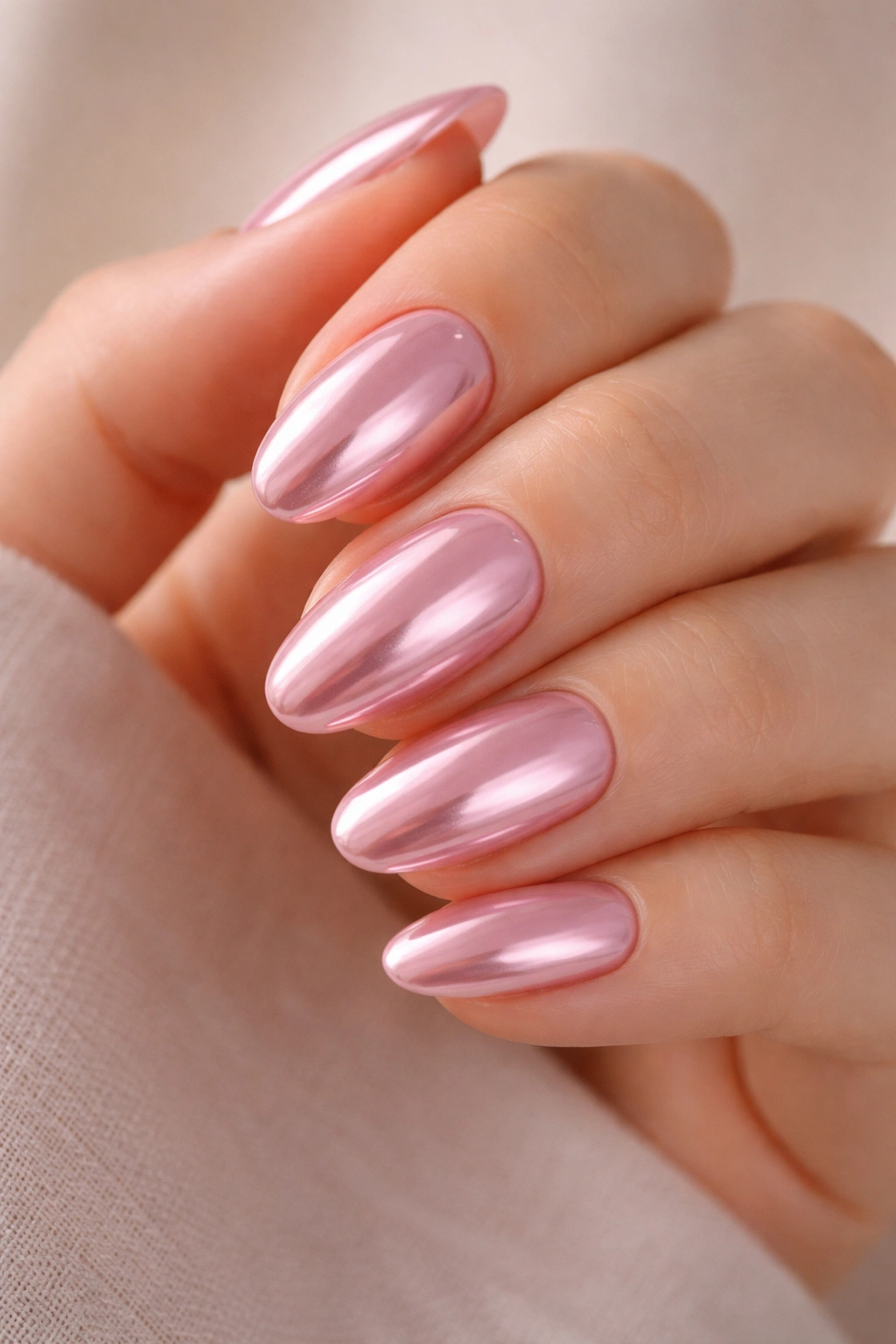 Rose pink chrome nails with a glossy topcoat on short almond nails