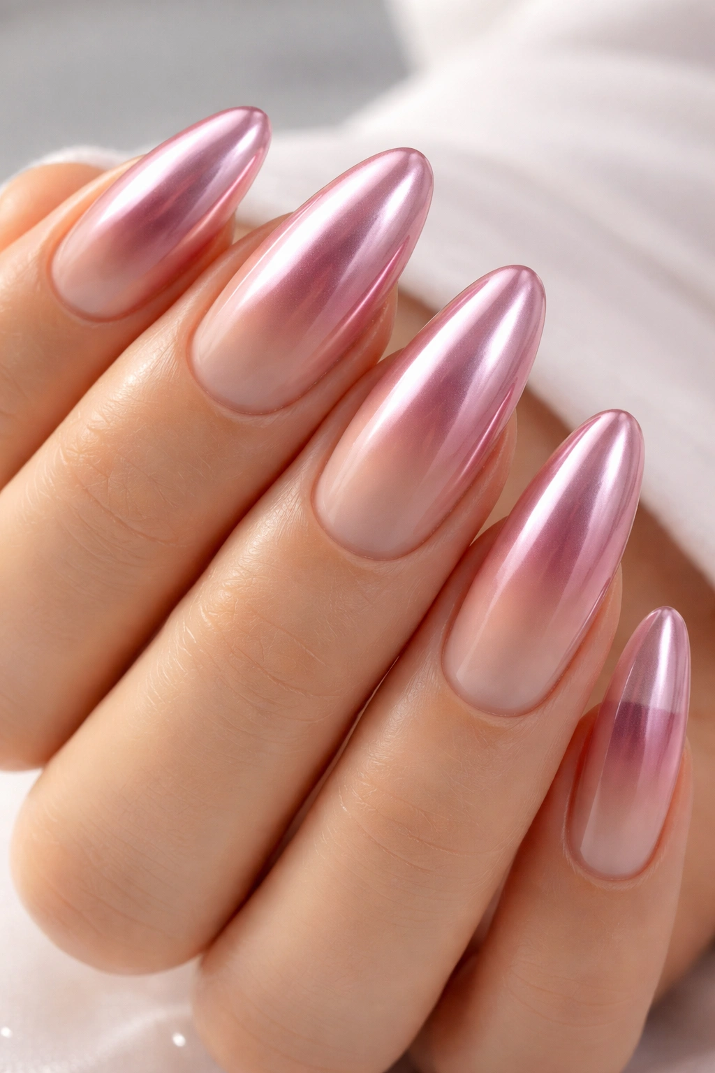 Close-up of rose pink chrome nails fading to transparent tips on long oval nails