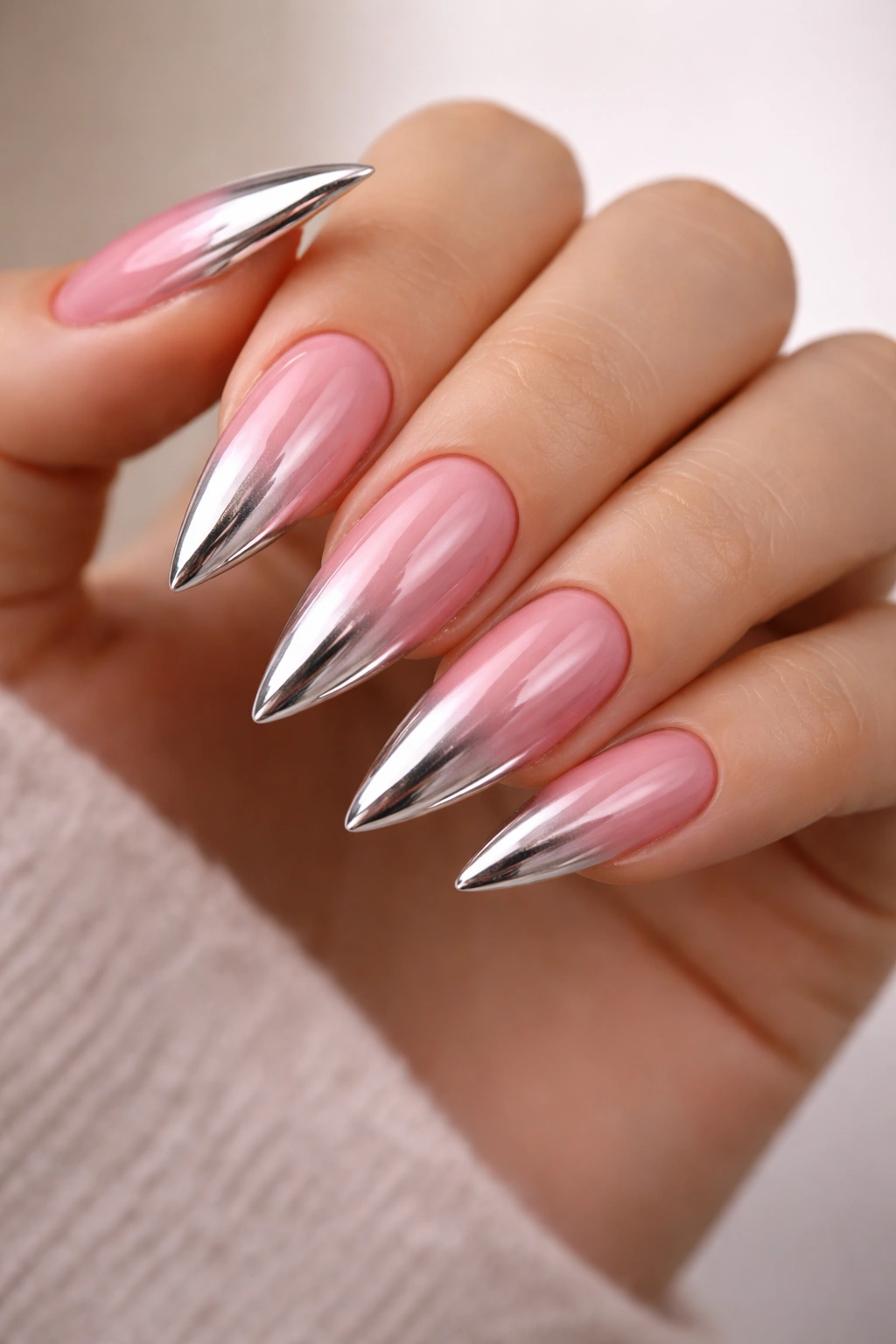 Close-up of rose pink nails fading to chrome at tips