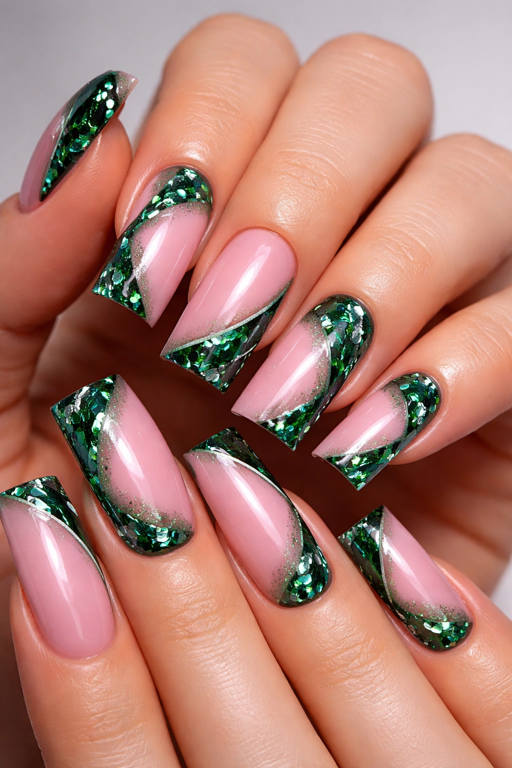Rose pink nails with emerald green metallic accents