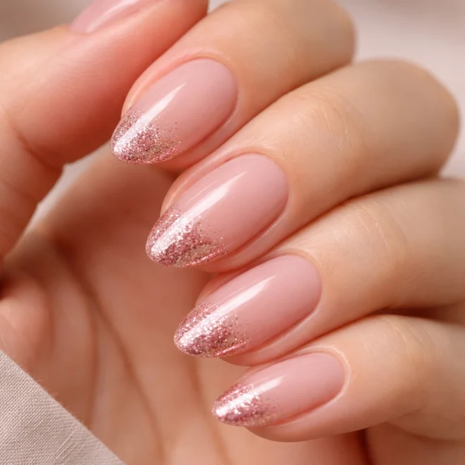 15 Short Pink Glitter Almond Nails That Shine