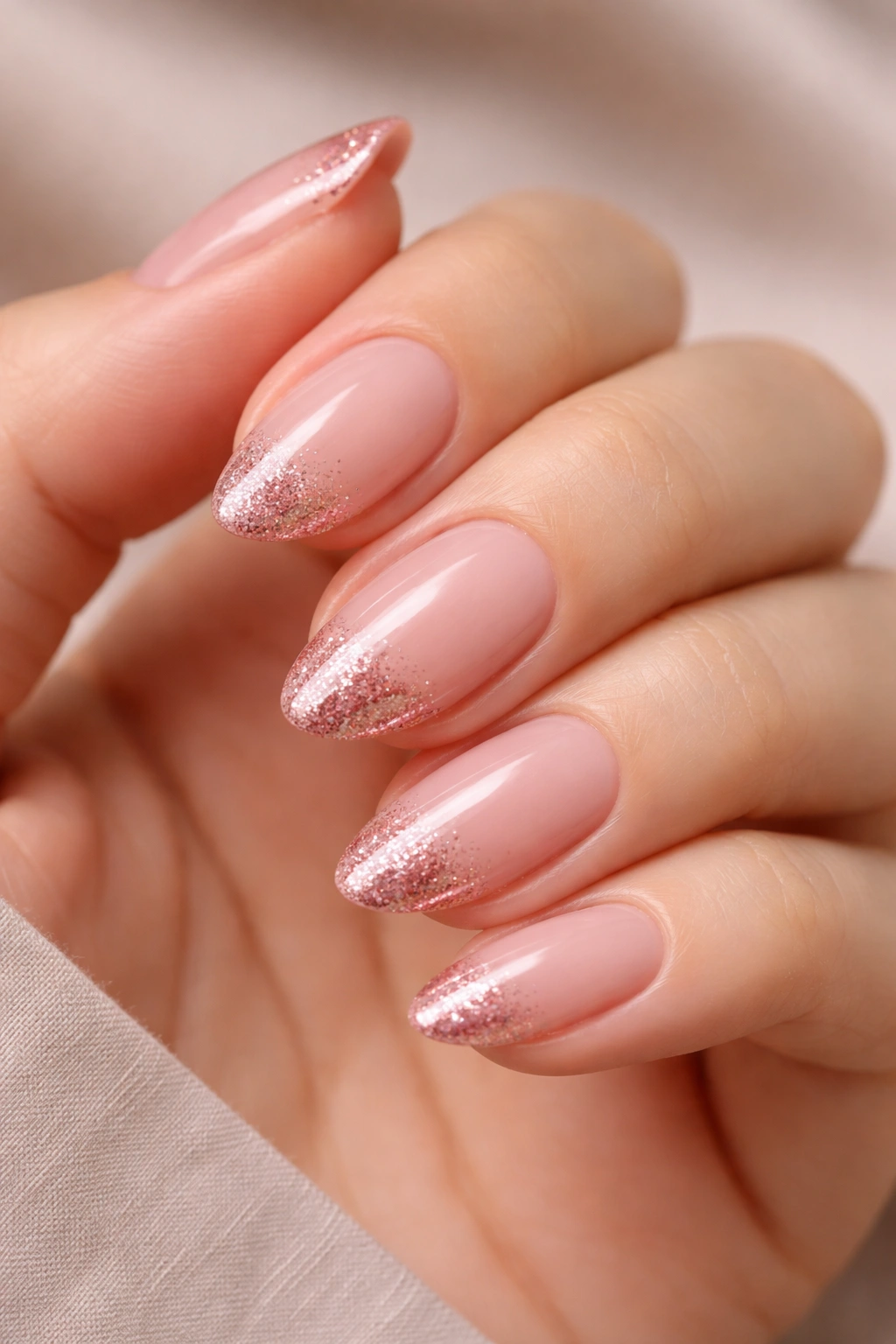 Close-up of short almond nails with rose pink glitter tips on milky pink base.