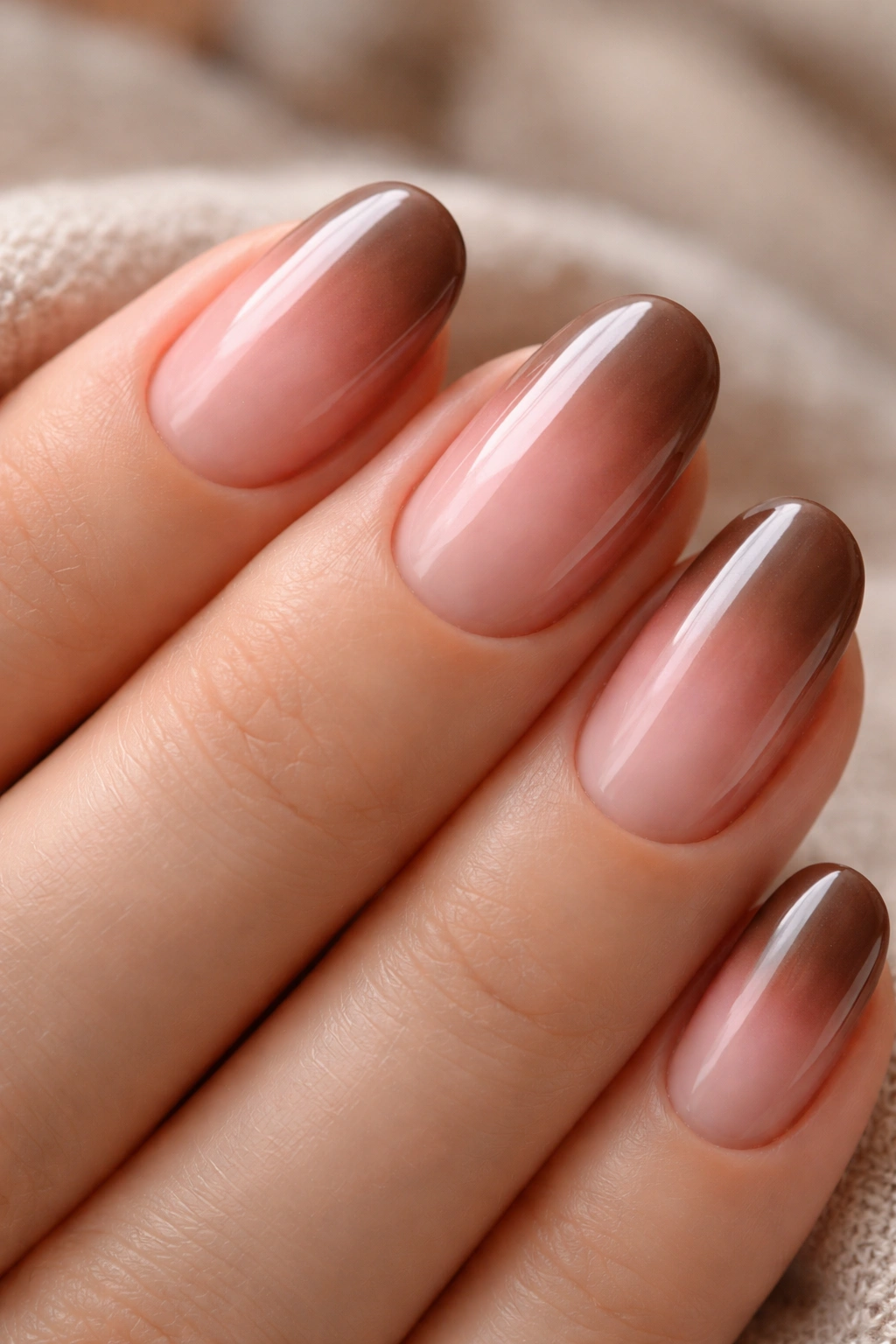Rose pink to mocha ombre on short oval nails with jelly center