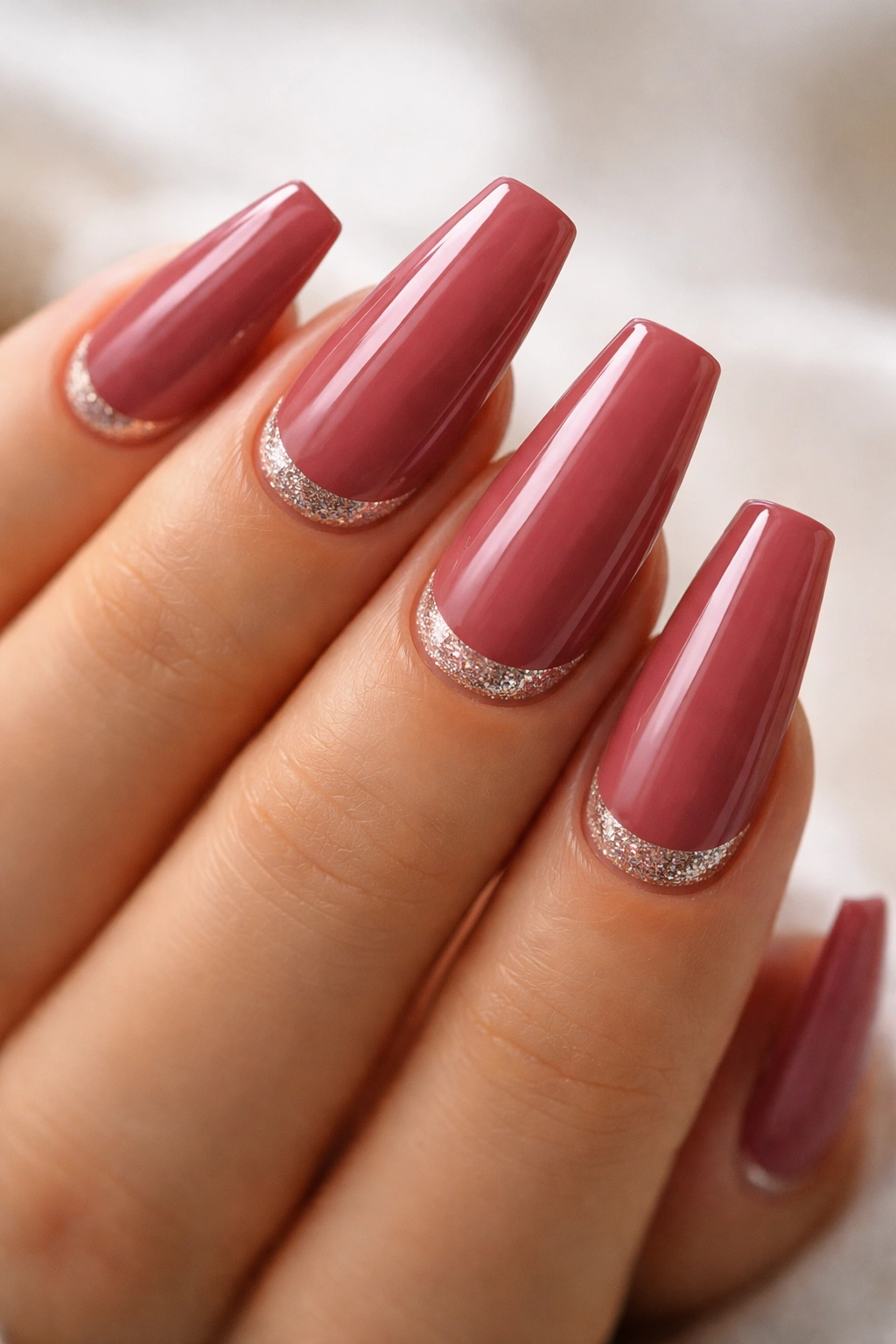 Nails with deep rose pink base and glitter half-moon near cuticle