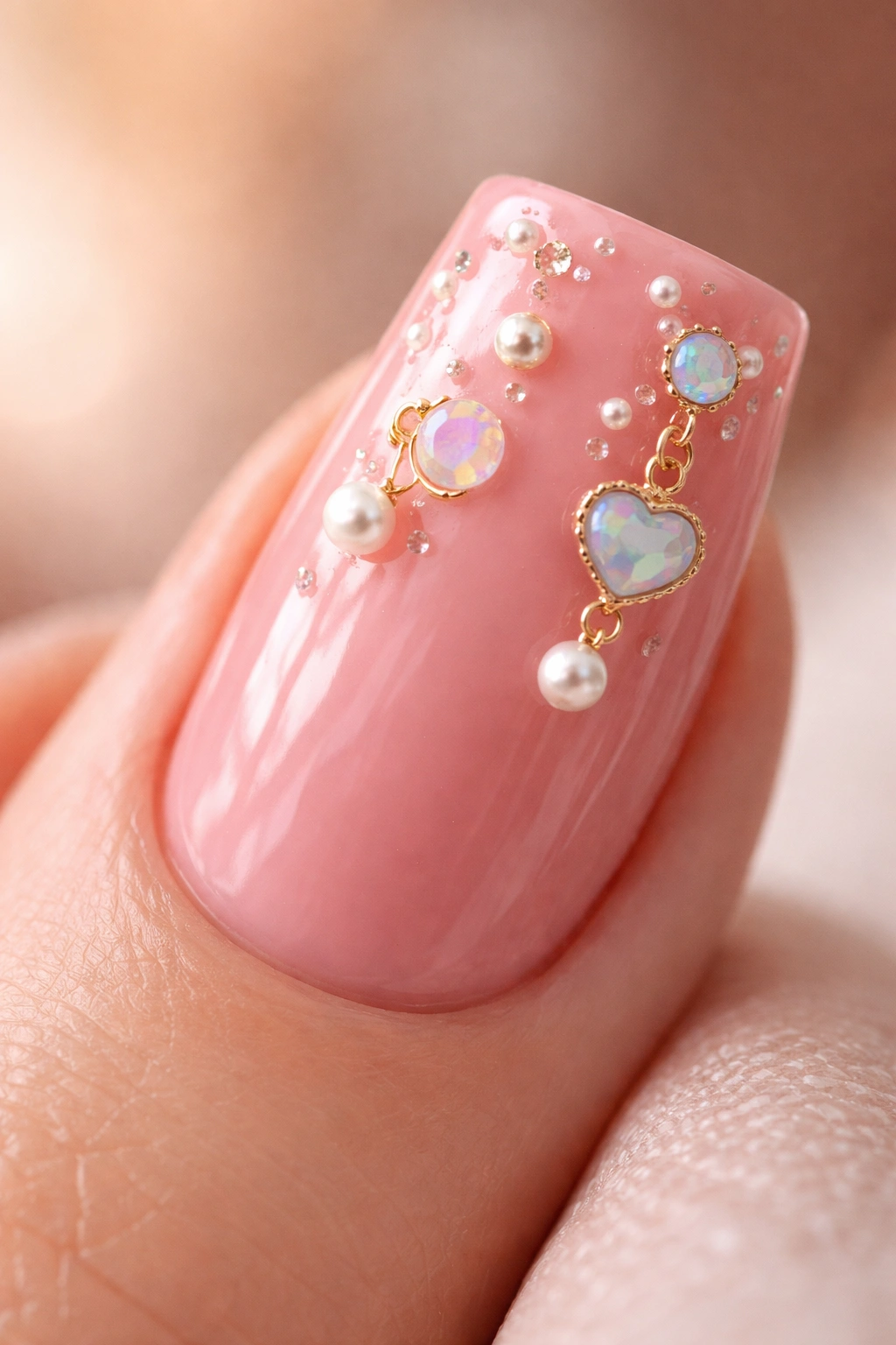 Rose pink nails with tiny pearl and opal charm accents on a nail
