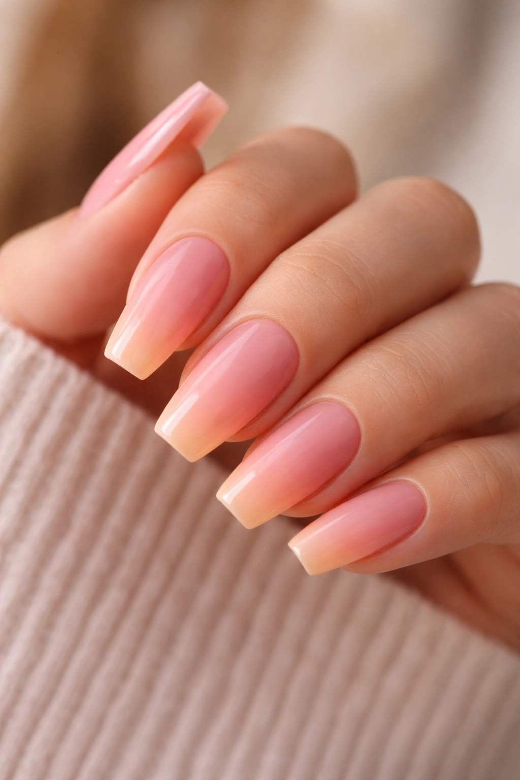 Medium coffin nails with rose pink to peach ombre gradient