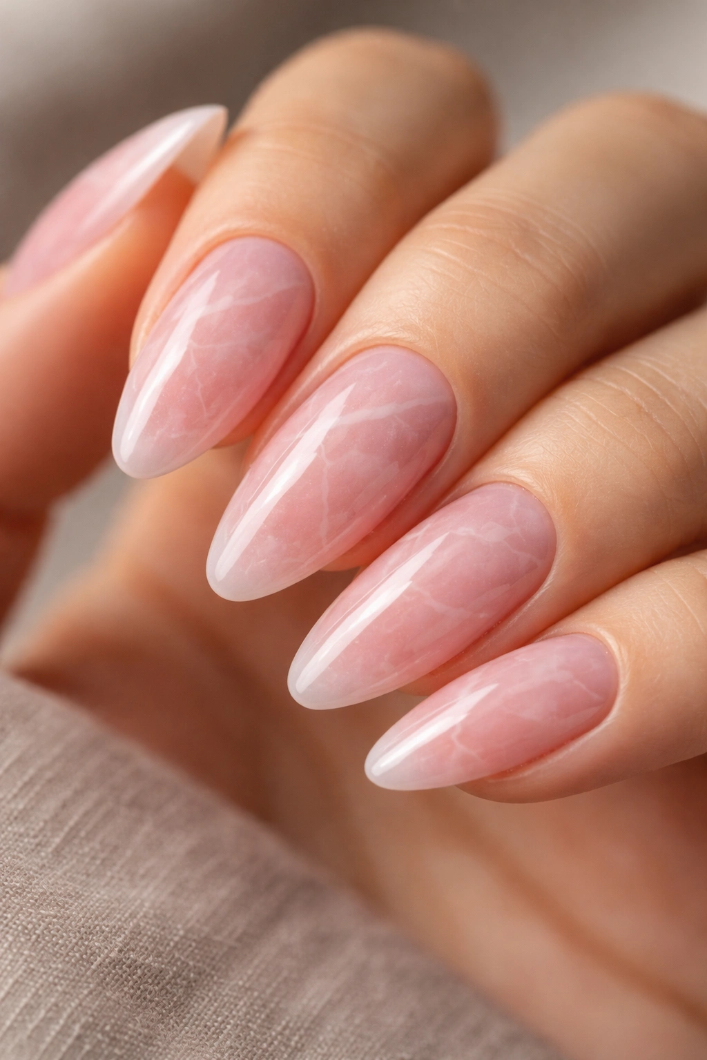 Close-up of rose quartz almond nails with cloudy pink marbling