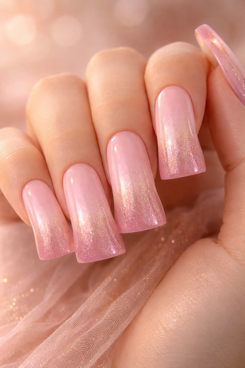 Duck nails pink aura with subtle gold shimmer