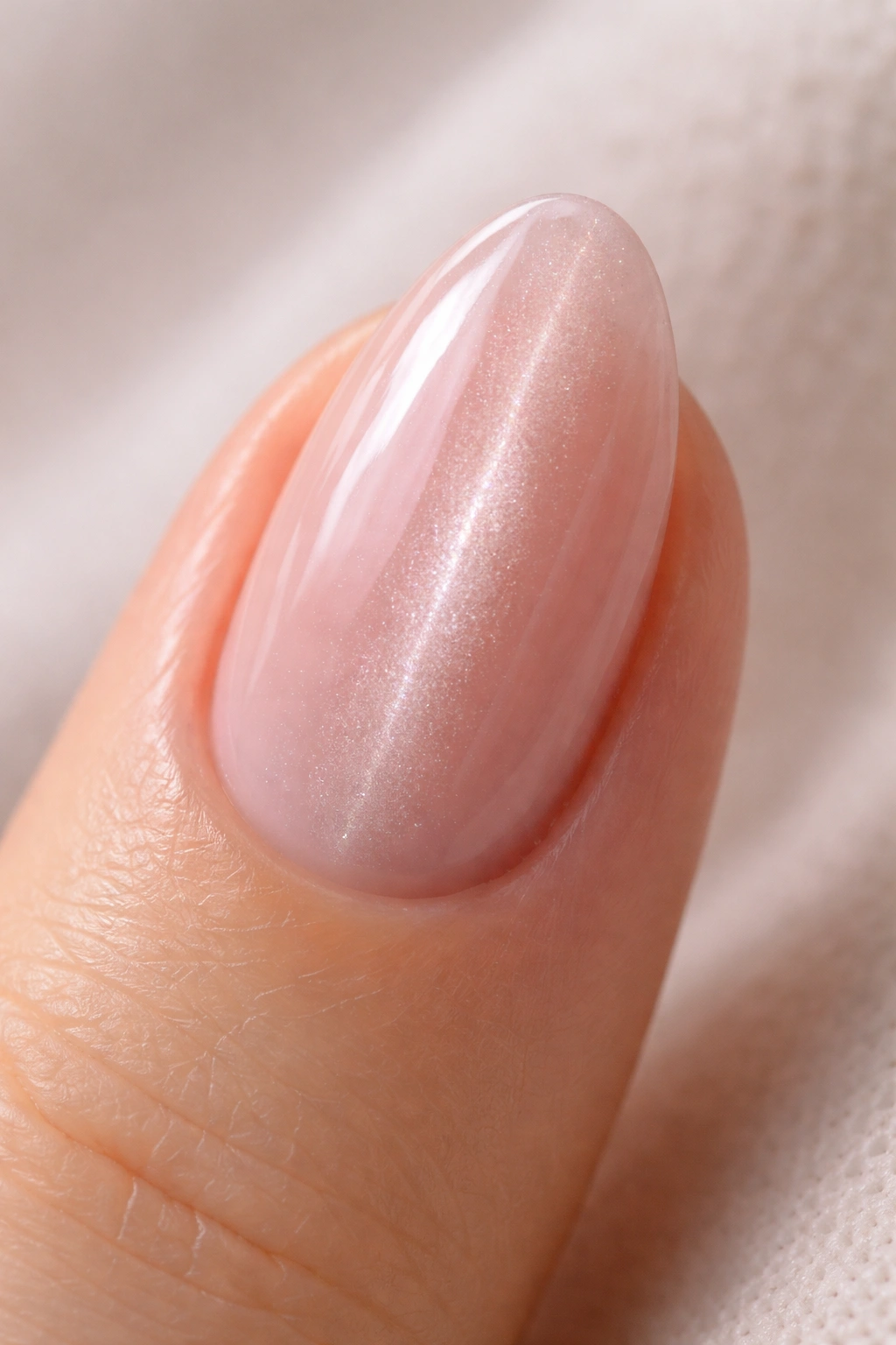 Close-up of a short almond nail with soft rose quartz cat-eye shimmer