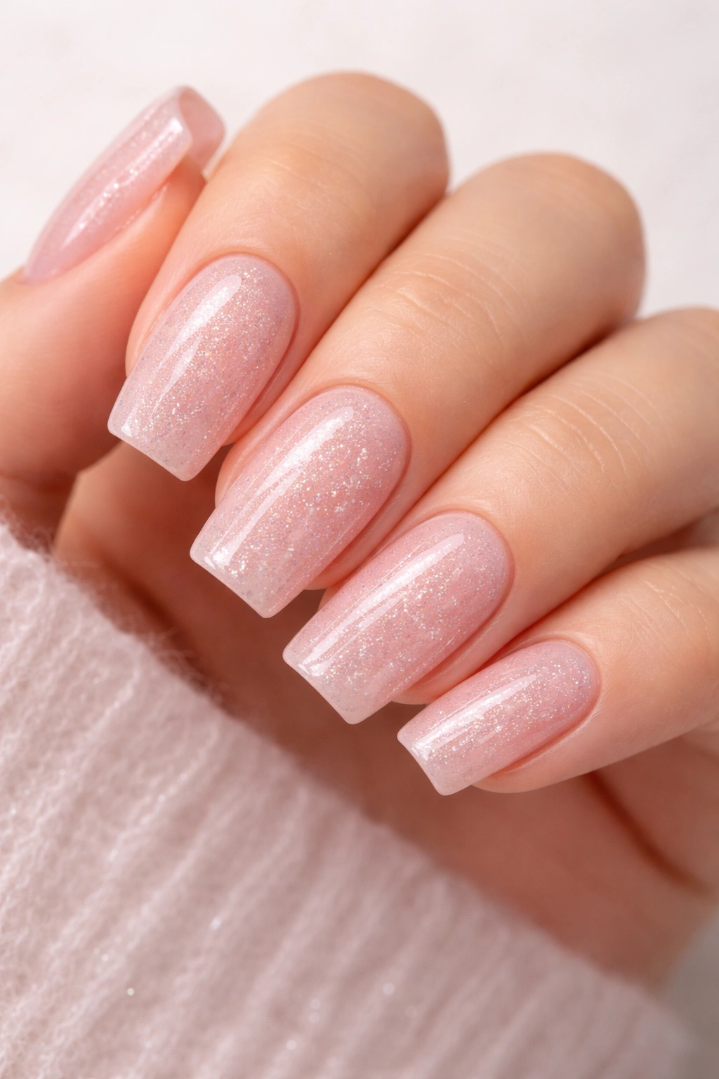 Close-up of Rose Quartz Blush with Diamond Dust nails on bare hand with soft pink base and sparkle