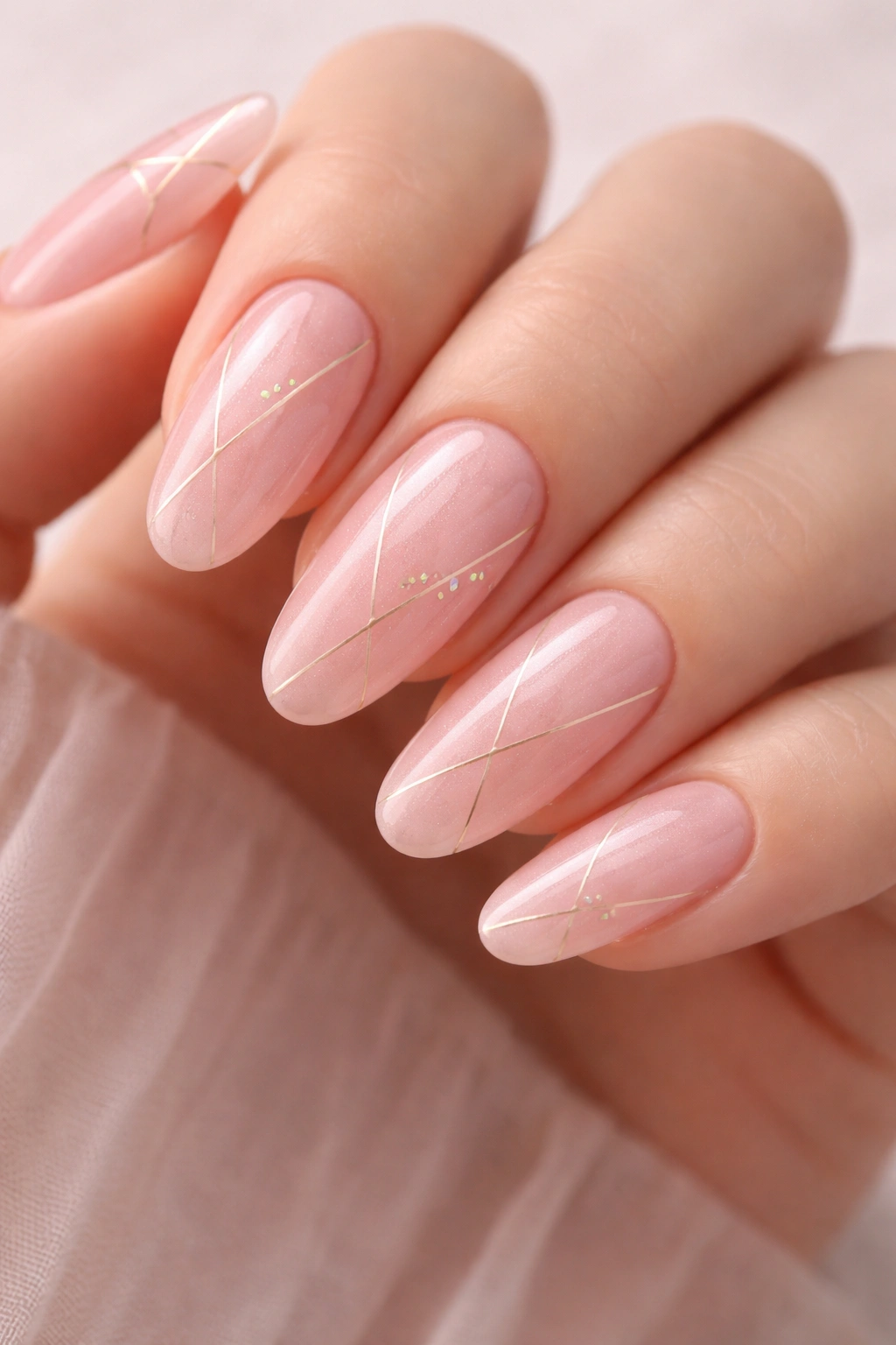 Close-up of rose quartz pink nails with subtle geometric accents