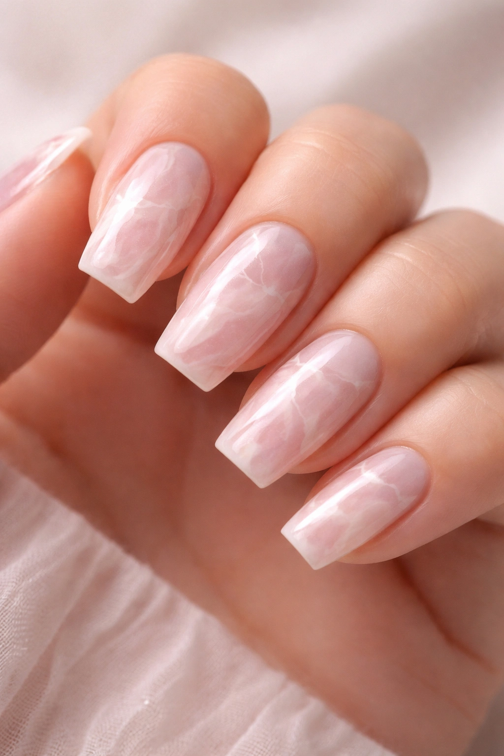 Rose quartz marble coffin nails in soft pink and white swirls