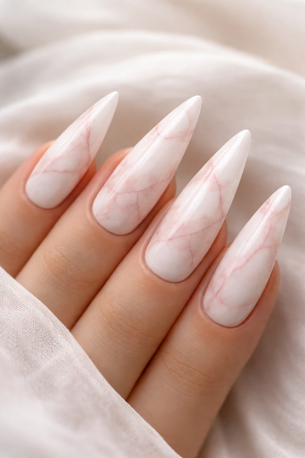White marble nail base with rose quartz pink veining