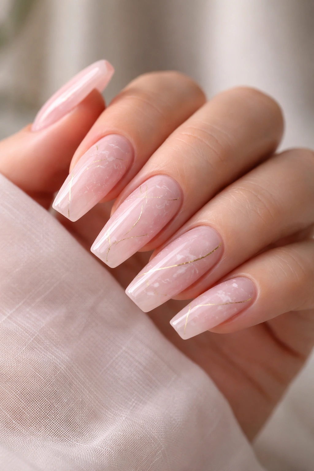 Rose quartz marble nails with pale pink and white veining