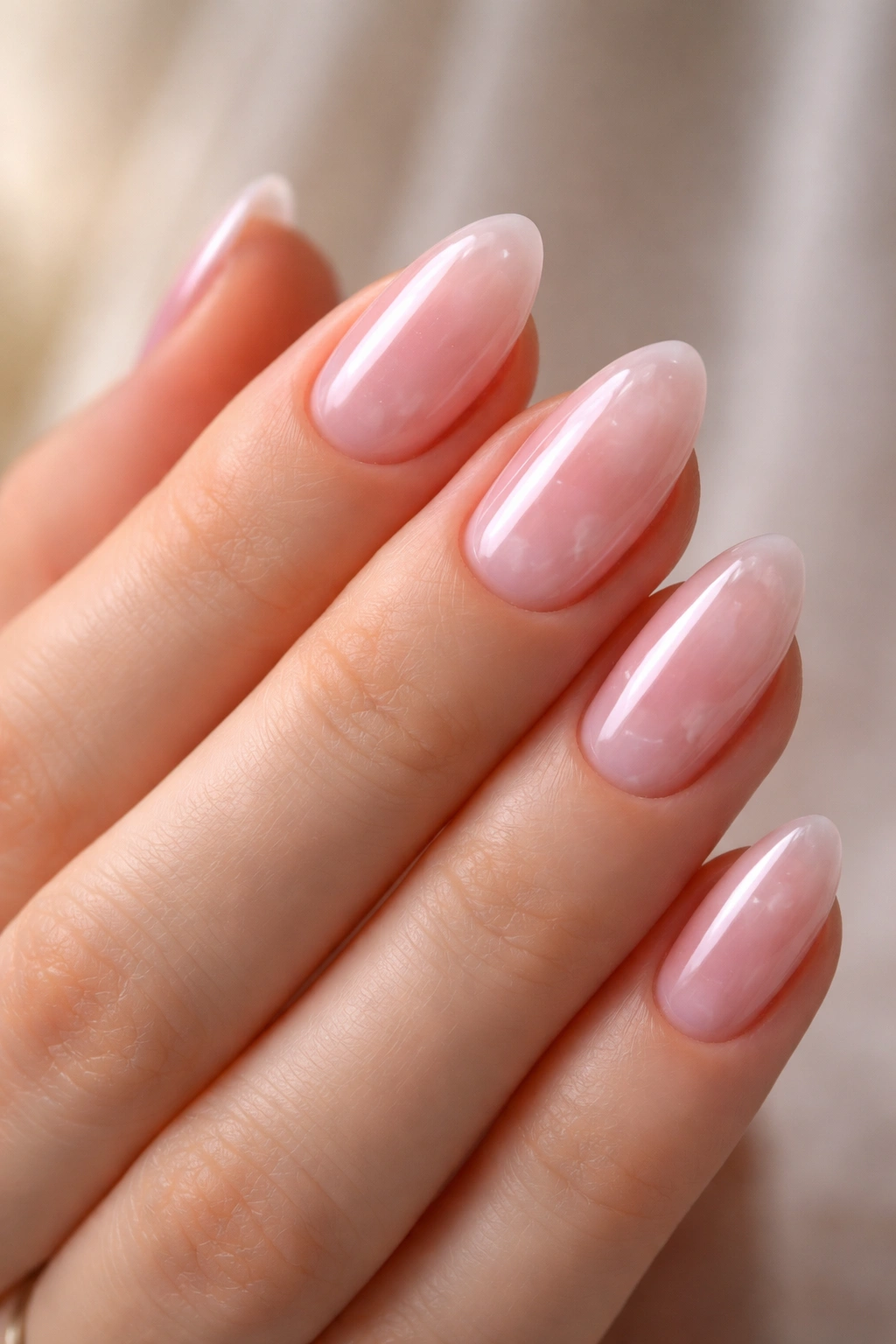 Close-up of soft pink rose quartz almond nails with translucent depth and glossy top coat