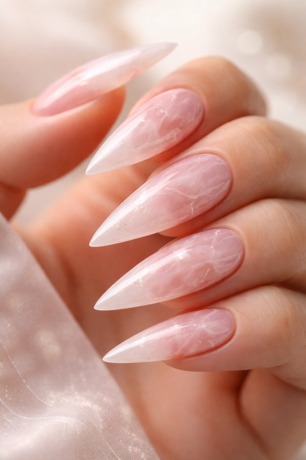 Pale pink stiletto nails with rose quartz marble