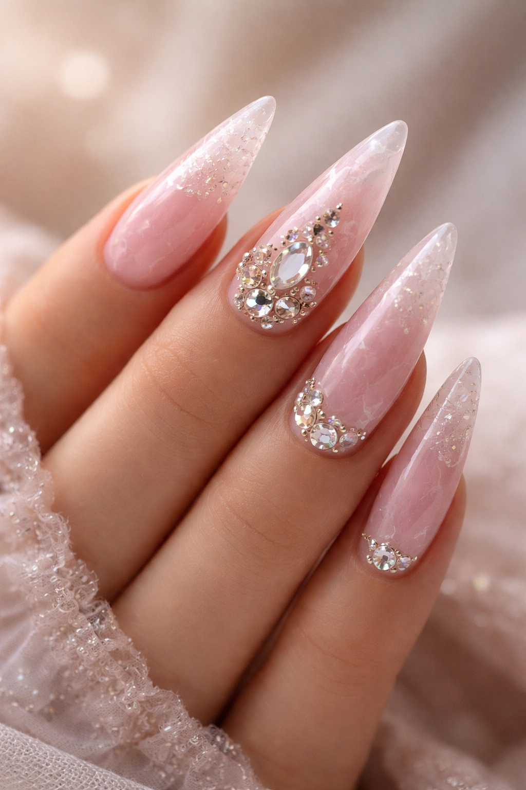 Rose quartz inspired stiletto nails with crystal accents