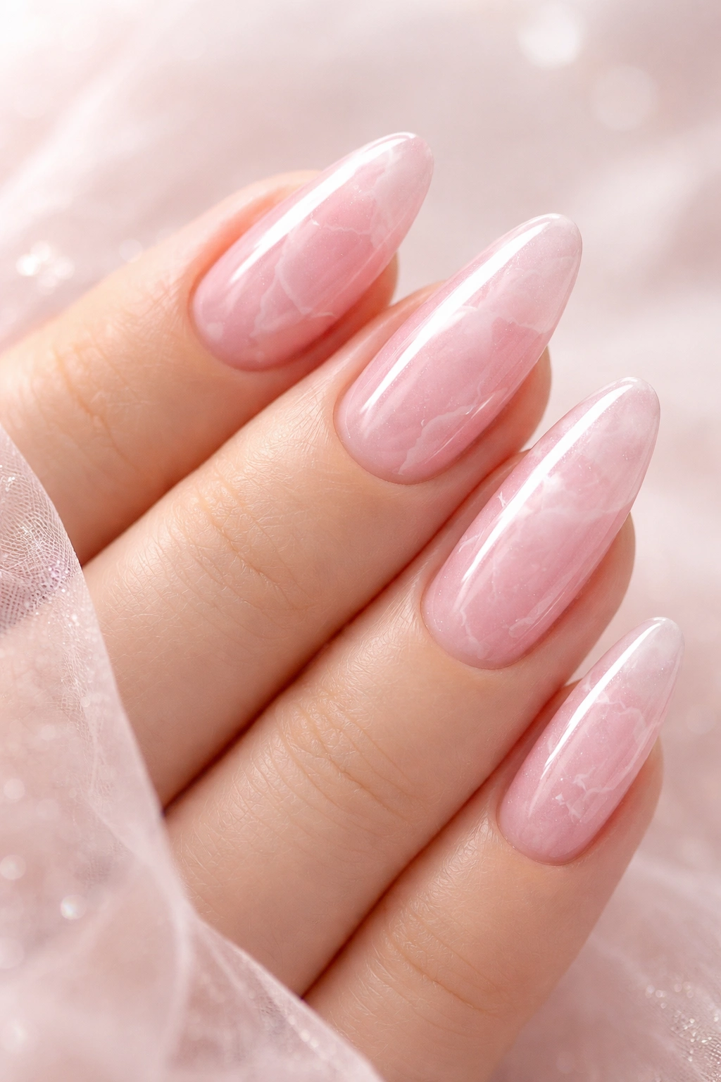 Close-up of Classic Rose Quartz Princess Nails featuring translucent pink nails with natural nail visible
