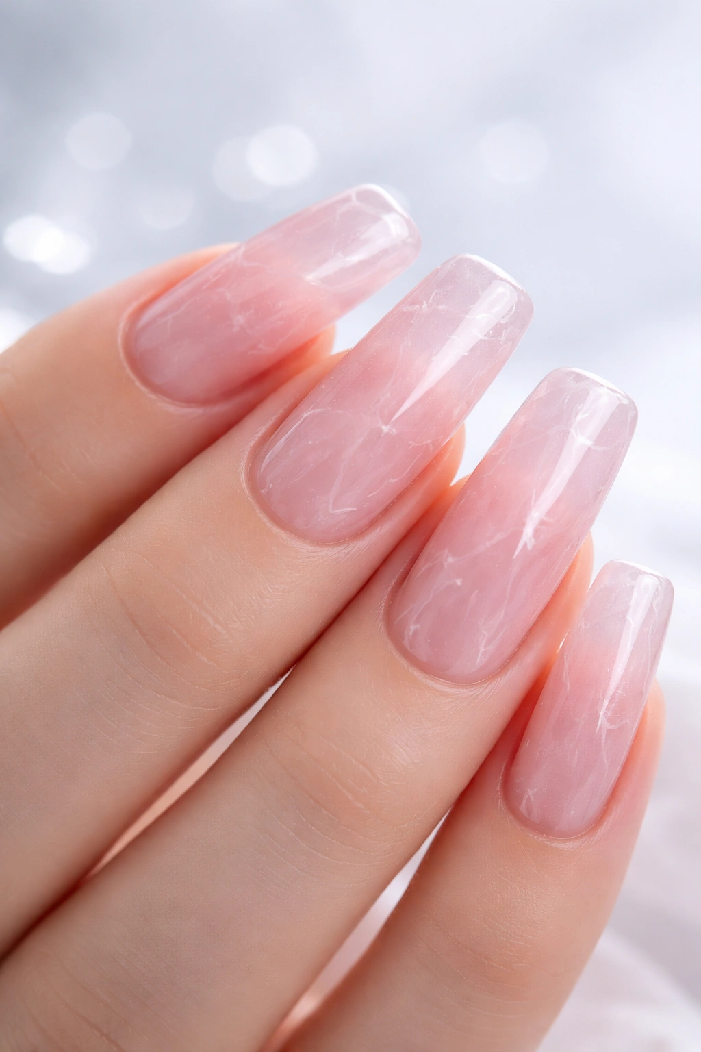 Close-up of translucent pink rose quartz-inspired nails on squoval shape