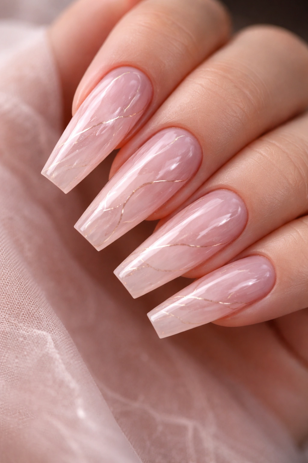 Rose quartz veining on sheer pink nails